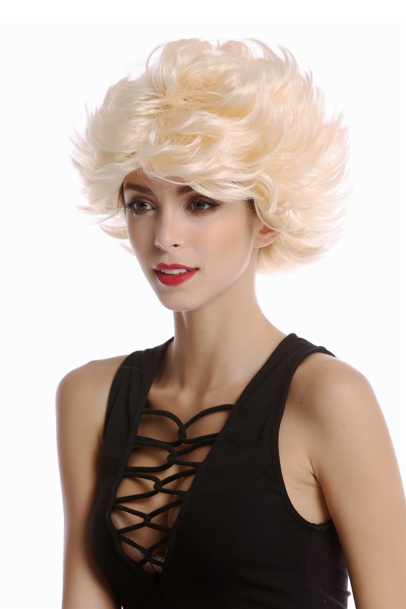 günstige Party Perücke, Perücke Hellblond Kurz Toupiert 80er XH-H10-P88, Vorderansicht, WIG ME UP: Ihr Perücken Online Shop wellige Party Perücke Blond kurze Haare für Damen