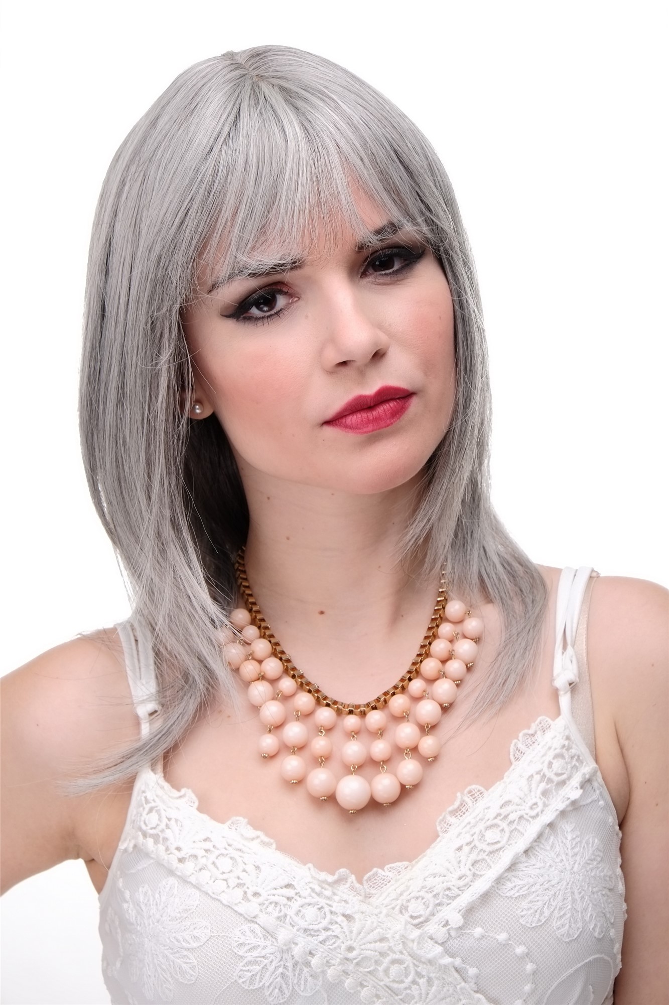 Lady wig medium length fringe parted side straight layered sliver grey gray 3003, front view, WIG ME UP: Your Perücken Online Shop Quality Wigs, Ladies, Grey, straight, long