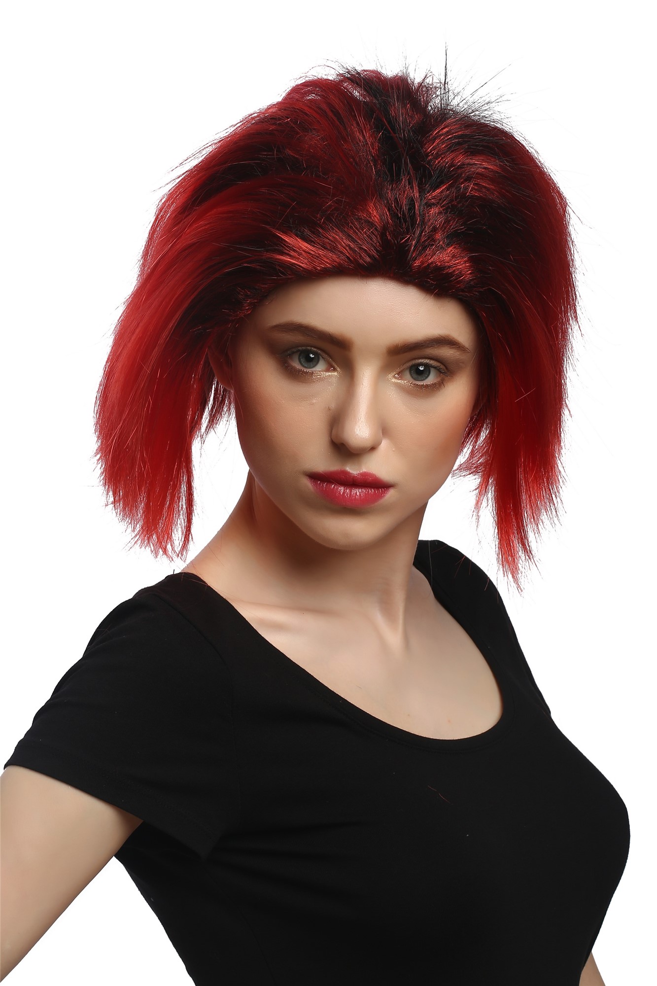 Lady Party Wig Halloween Vamp short straight middle parting red black strands She-Devil Demon, view 4, WIG ME UP: Your Perücken Online Shop Party Wig, Ladies, Red, straight, short