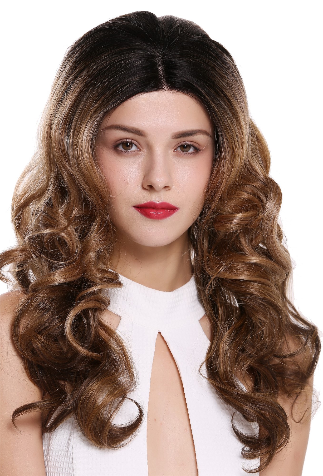 Quality Wigs, Ladies, strawberry blonde-copper brown-platinum blonde-velvet black mix, curled, long