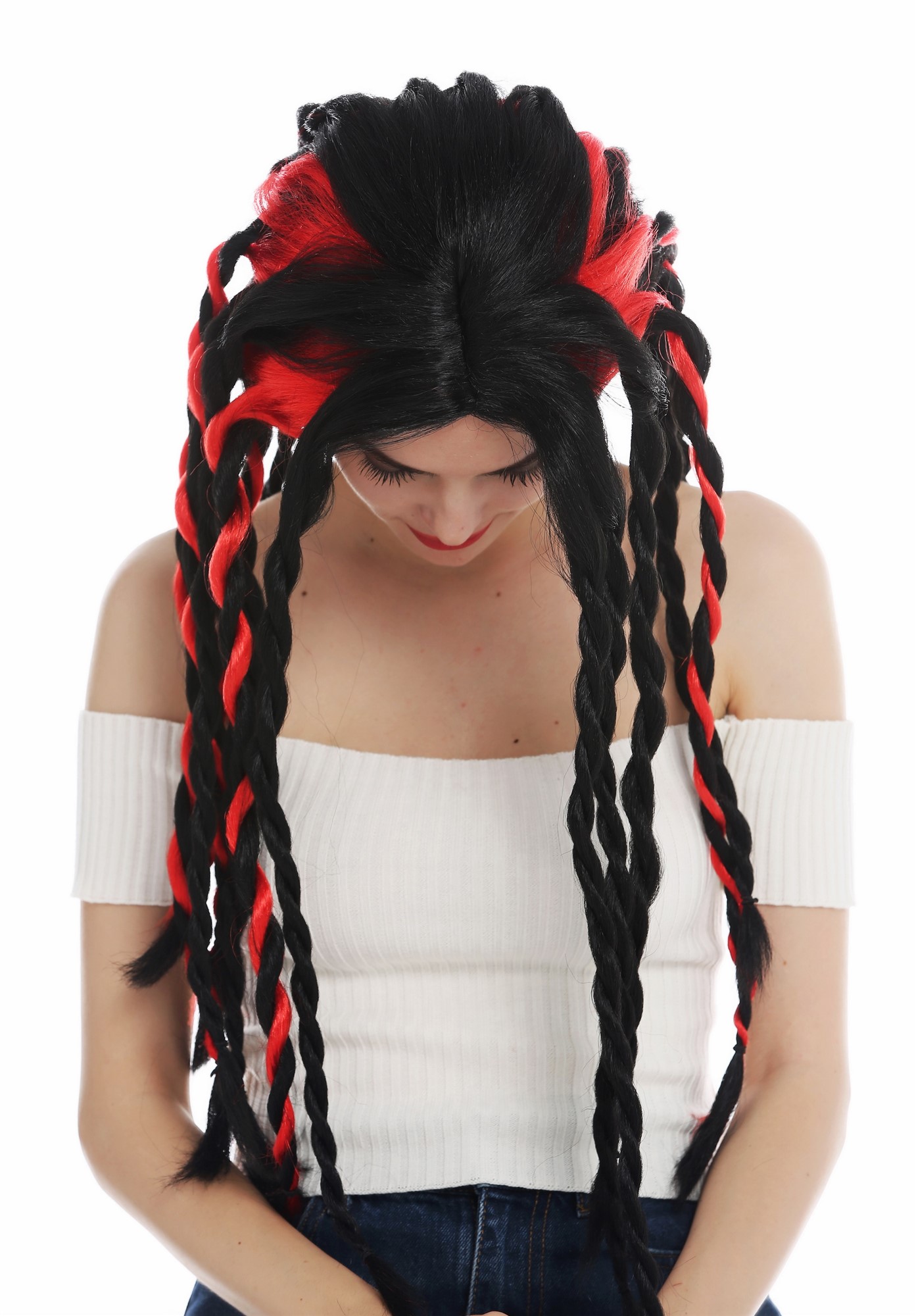 Women's wig Halloween braided plaited rasta dreadlocks long black red punk 69023, view 4, WIG ME UP: Your Perücken Online Shop Party Wig, Ladies, deep black and bright red mix, Braided, long