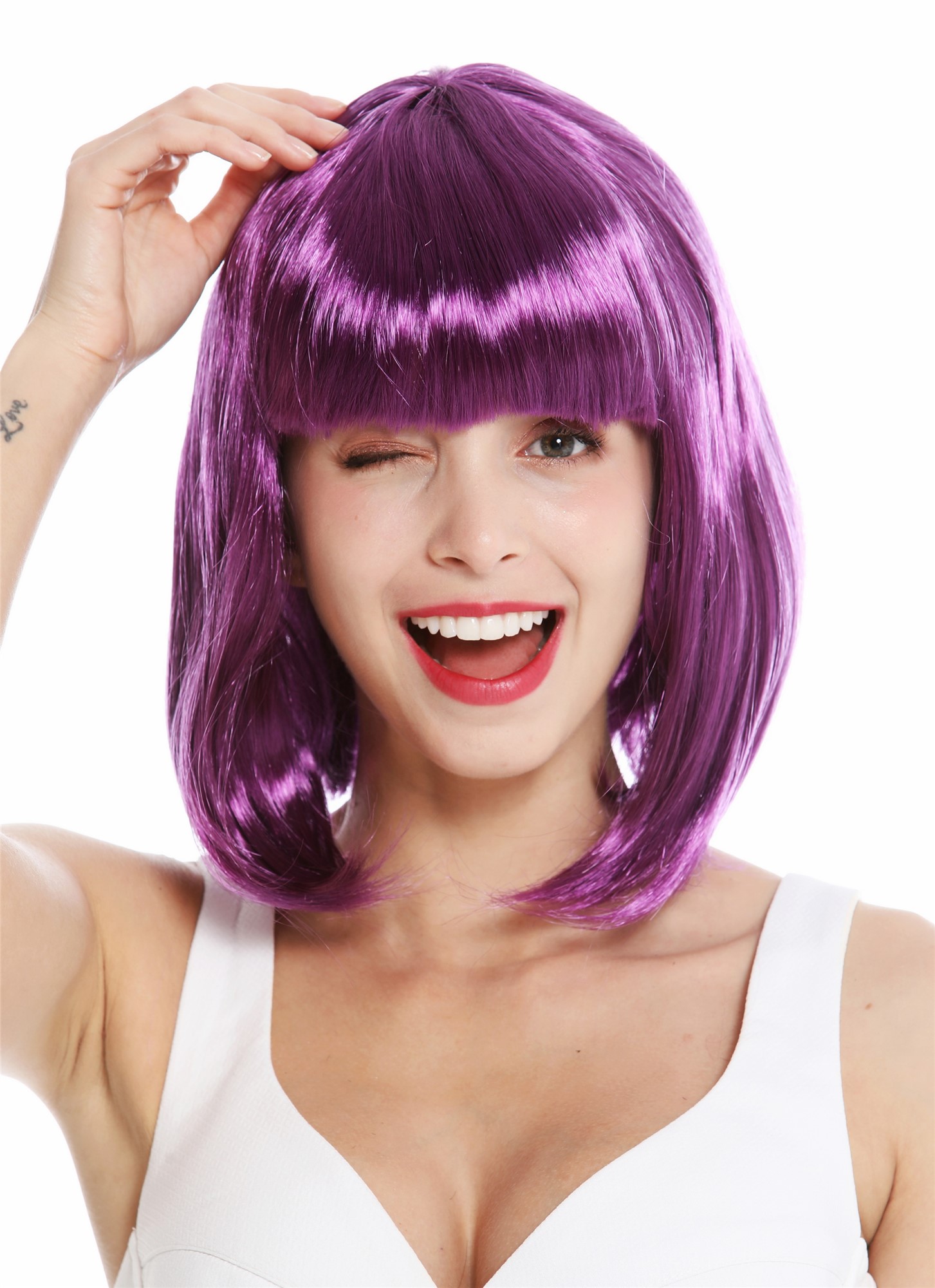 Lady Women's Wig Halloween Disco bob longbob shoulder length bangs purple 0073, view 2, WIG ME UP: Your Perücken Online Shop Party Wig, Ladies, blue-purple, straight, short