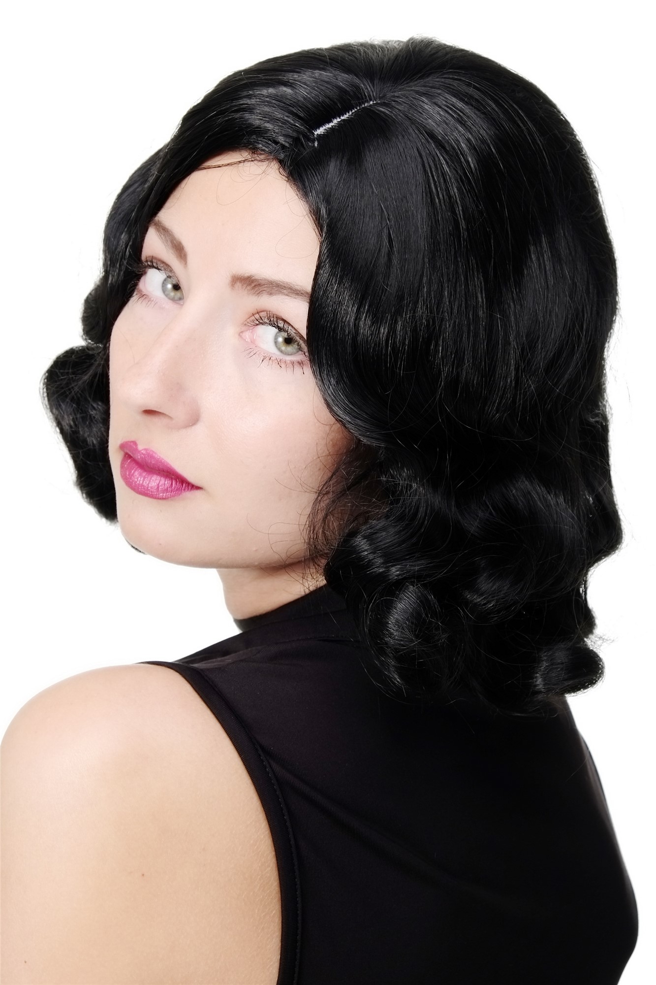 hochwertige Qualitätsperücken, Perücke 20er Jahre Swing Charleston Schwarz GFW1726-1B, Ansicht 2, WIG ME UP: Ihr Perücken Online Shop wellige Tressen-Perücke mit Kopfhaut-Imitat Samtschwarz kurze Haare für Damen