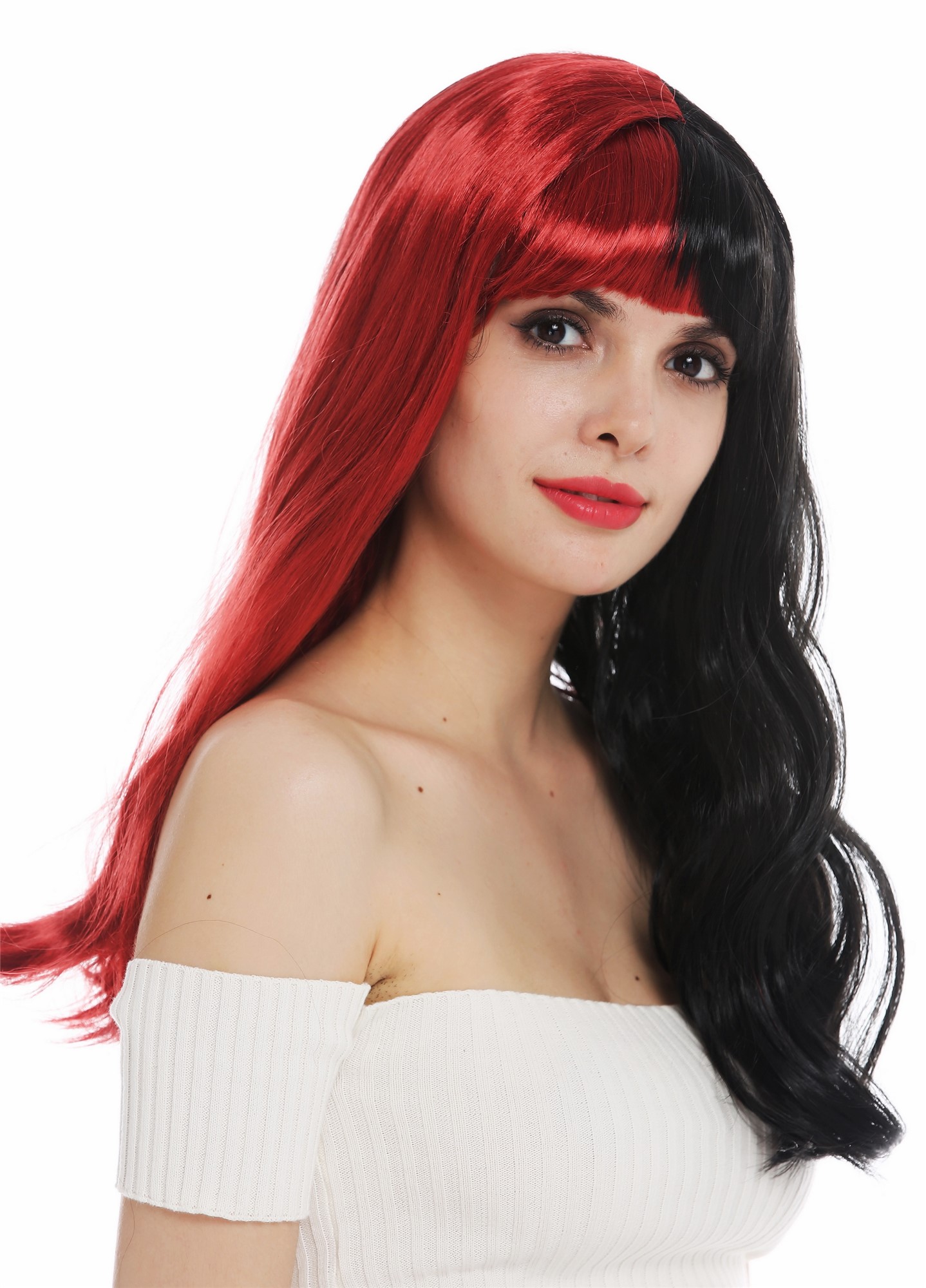 Wig carnival Cosplay women long wavy fringe black red half half parted 6820739, front view, WIG ME UP: Your Perücken Online Shop Party Wig, Ladies, deep black and wine red, wavy, long