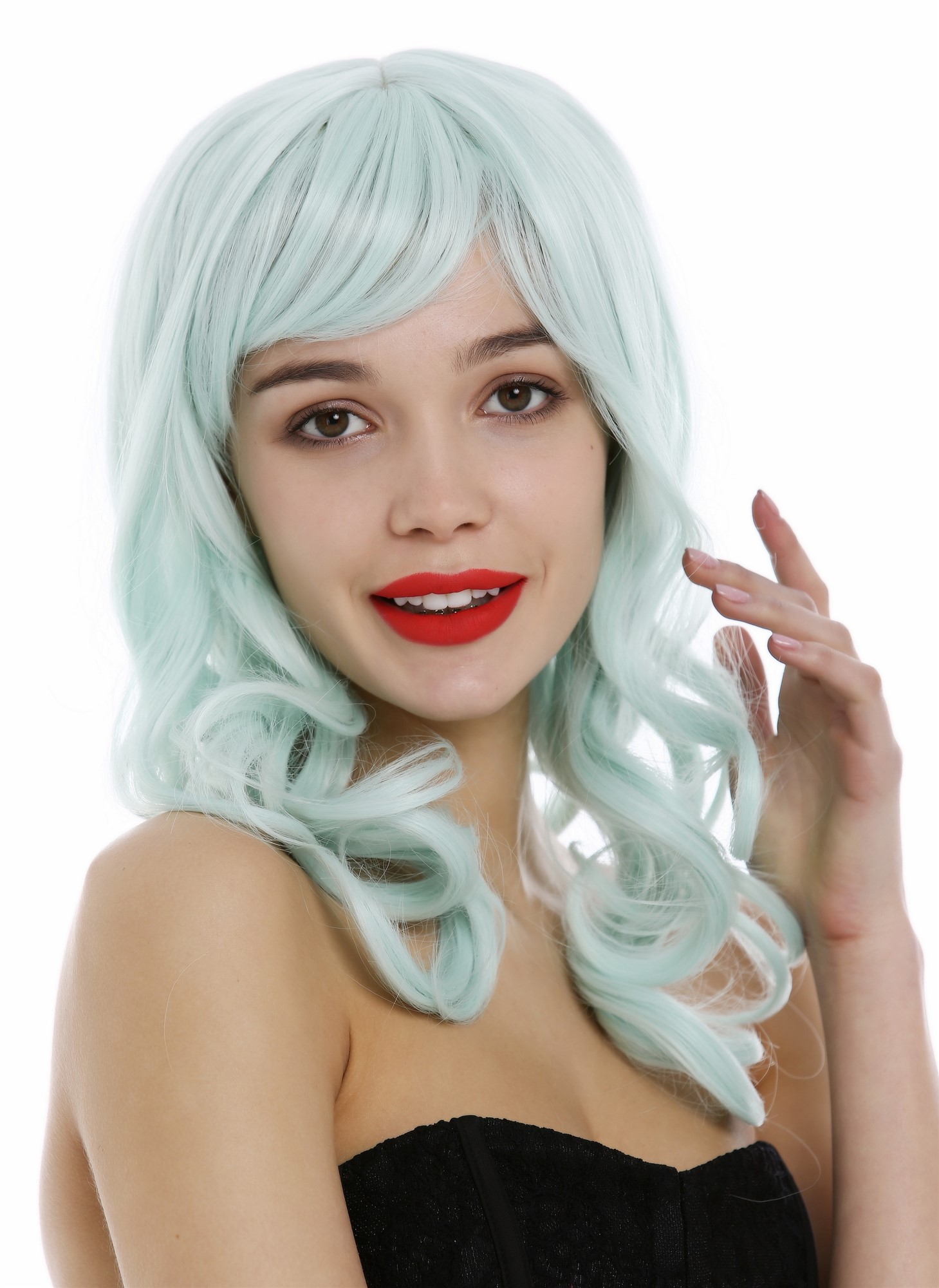 hochwertige Qualitätsperücken, Elegante Damen Perücke lange lockige Haare Pony Grün Hellgrün 3001-T5507, Ansicht 6, WIG ME UP: Ihr Perücken Online Shop wellige Tressen-Perücke mit Kopfhaut-Imitat Hellgrün lange Haare für Damen