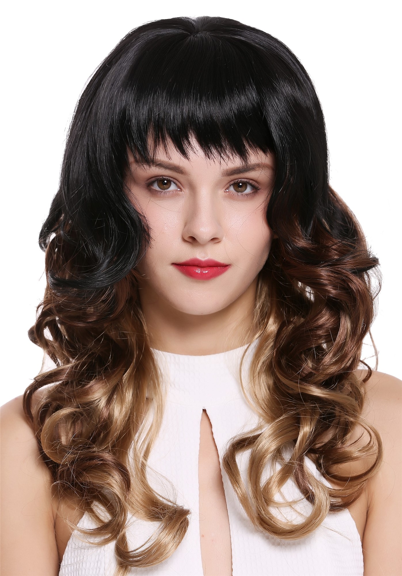 hochwertige Qualitätsperücken, Perücke Lang Locken Pony Ombre Schwarz Braun Blond 1002A-G1B-30-19, Ansicht 2, WIG ME UP: Ihr Perücken Online Shop lockige Tressen-Perücke mit Kopfhaut-Imitat Schwarz-Braun-Blond lange Haare für Damen