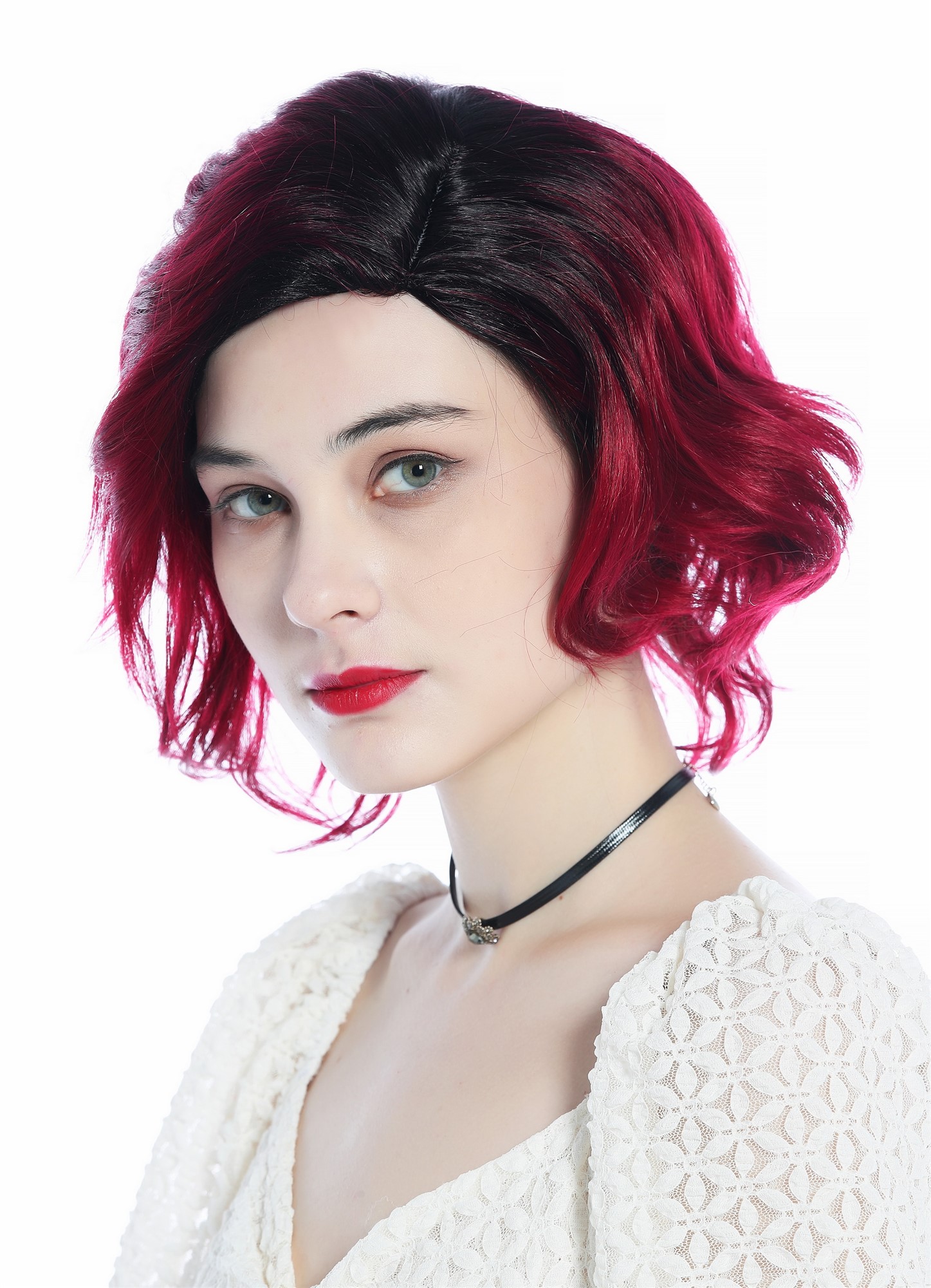 Ladies' wig short wild wavy parting parted ombre black red DW3334, view 2, WIG ME UP: Your Perücken Online Shop Quality Wigs, Ladies, black-red gradient, wavy, shoulder-length