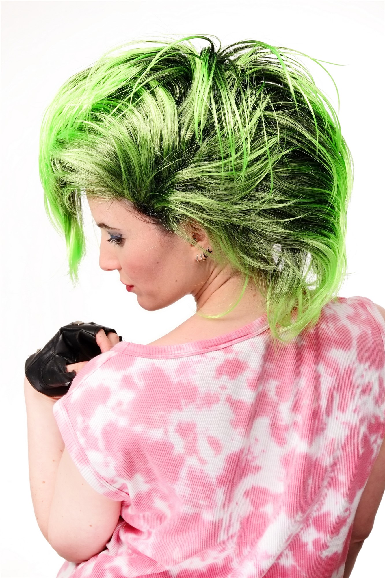 Party/Fancy Dress/Halloween Wig Mohawk 80ies Wave Glam Punk Black & Green, view 2, WIG ME UP: Your Perücken Online Shop Party Wig, Unisex, black and neon green, wavy, shoulder-length