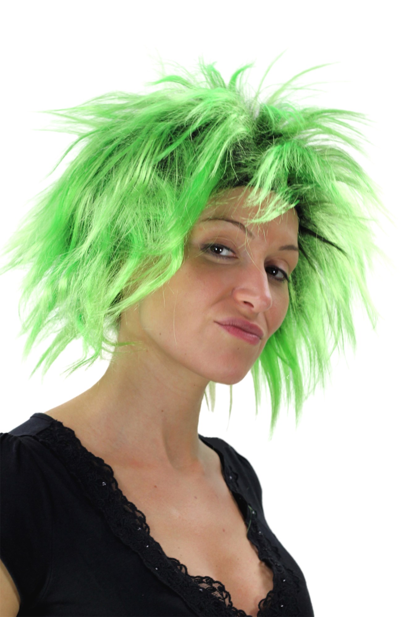 günstige Party Perücke, 80er Jahre Perücke Punk Glam Schwarz-Grün PW0078, Ansicht 3, WIG ME UP: Ihr Perücken Online Shop wellige Party Perücke Neongrün kurze Haare für Damen