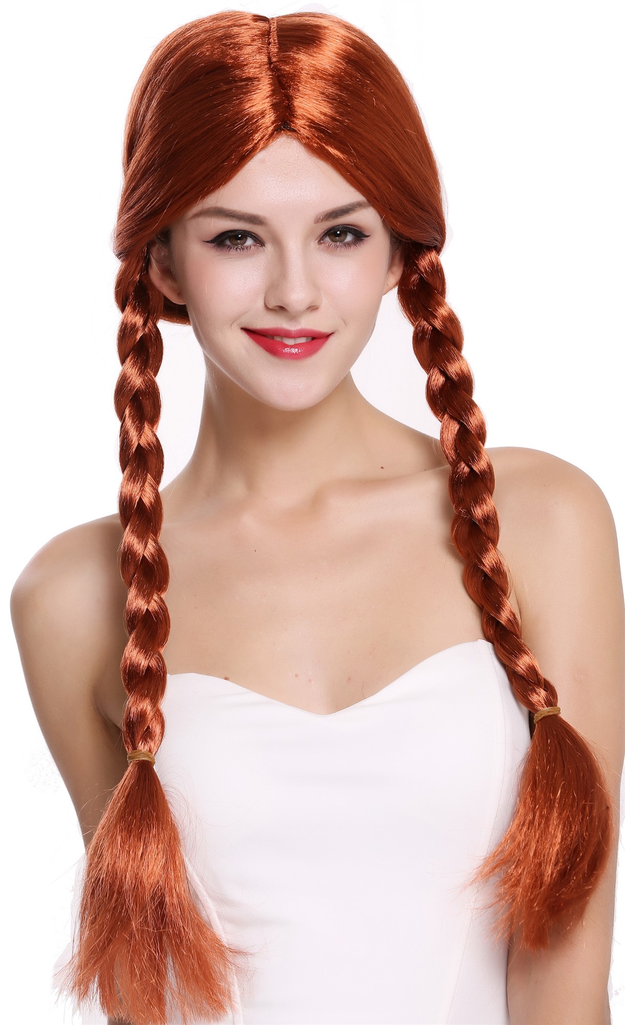 Lady Party Wig red long braided pigtails queues girly Lolita Schoolgirl 90958, front view, WIG ME UP: Your Perücken Online Shop Party Wig, Ladies, Red, Braided, long