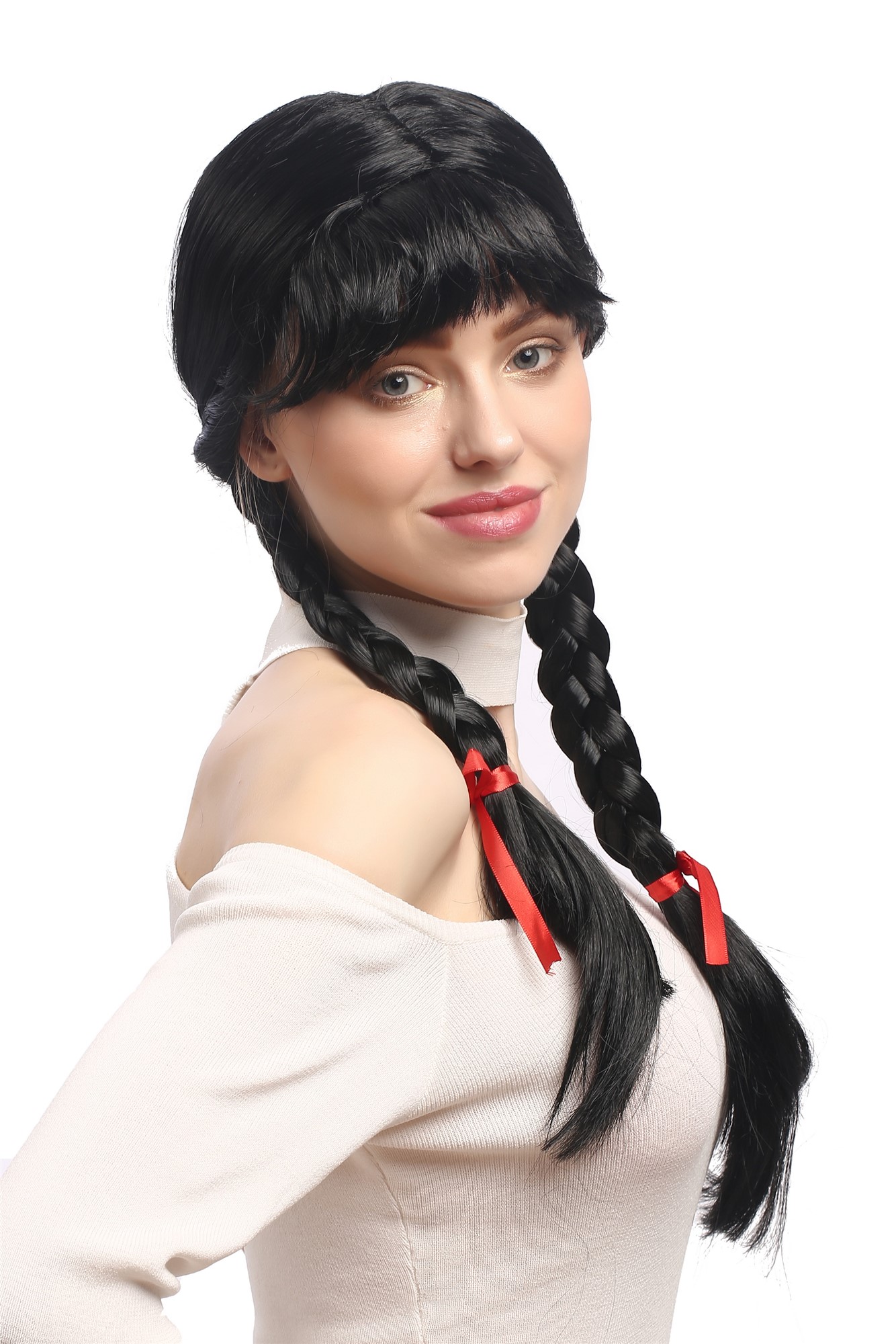 Lady Wig Halloween Lolita schoolgirl long braided plaits fringe black XR-008, front view, WIG ME UP: Your Perücken Online Shop Party Wig, Ladies, Black, Braided, long