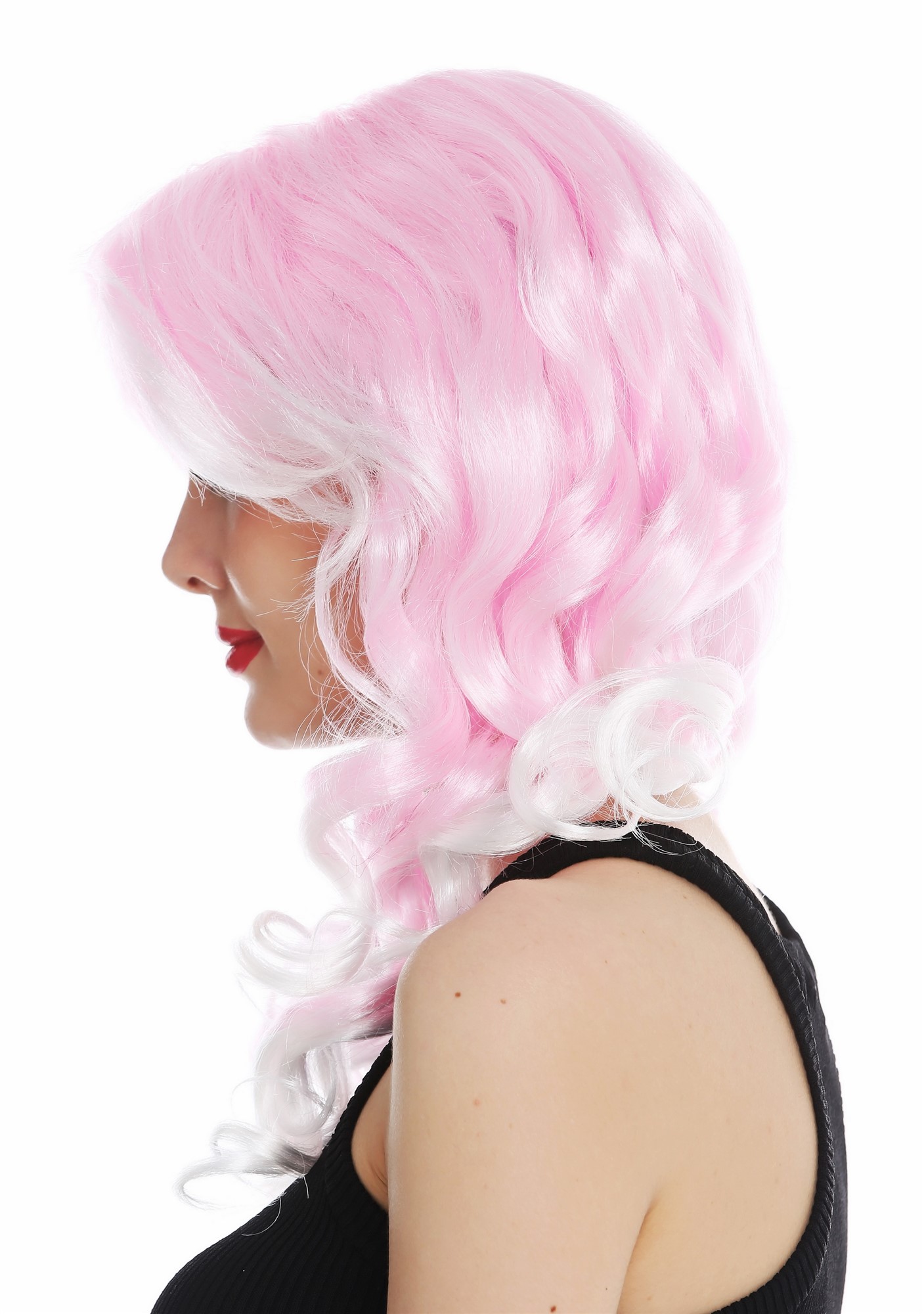 günstige Party Perücke, Perücke Diva lang Korkenzieher-Locken Hell-Rosa 06053-FR28-T68, Ansicht 3, WIG ME UP: Ihr Perücken Online Shop lockige Party Perücke Hellrosa-Weiß-Mix schulterlange Haare für Damen