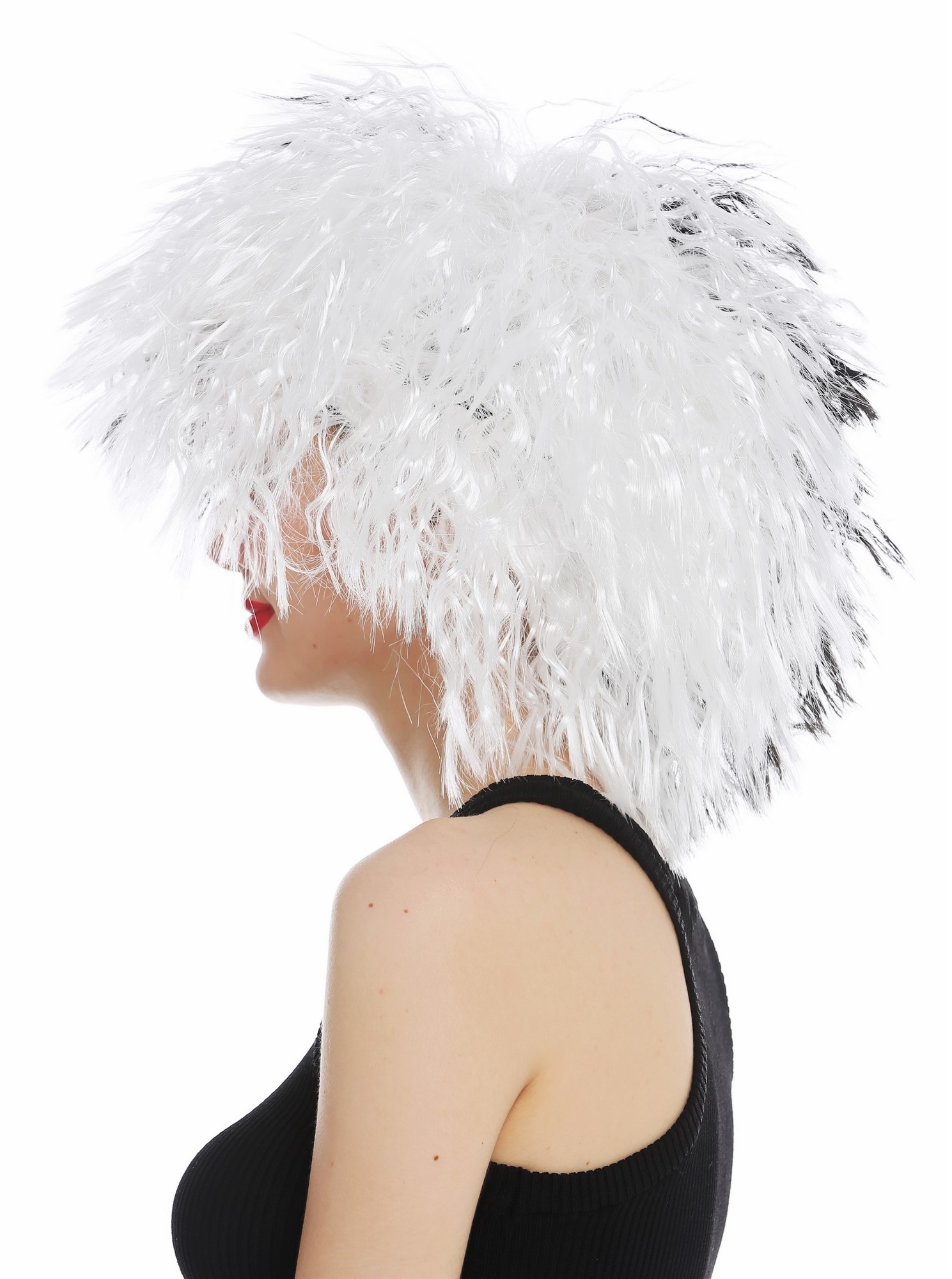 günstige Party Perücke, Perücke voluminös wild wellig Schwarz Weiß Hälften 30720-P103-68, Ansicht 4, WIG ME UP: Ihr Perücken Online Shop wellige Party Perücke Tiefschwarz-Weiß-Mix schulterlange Haare Unisex