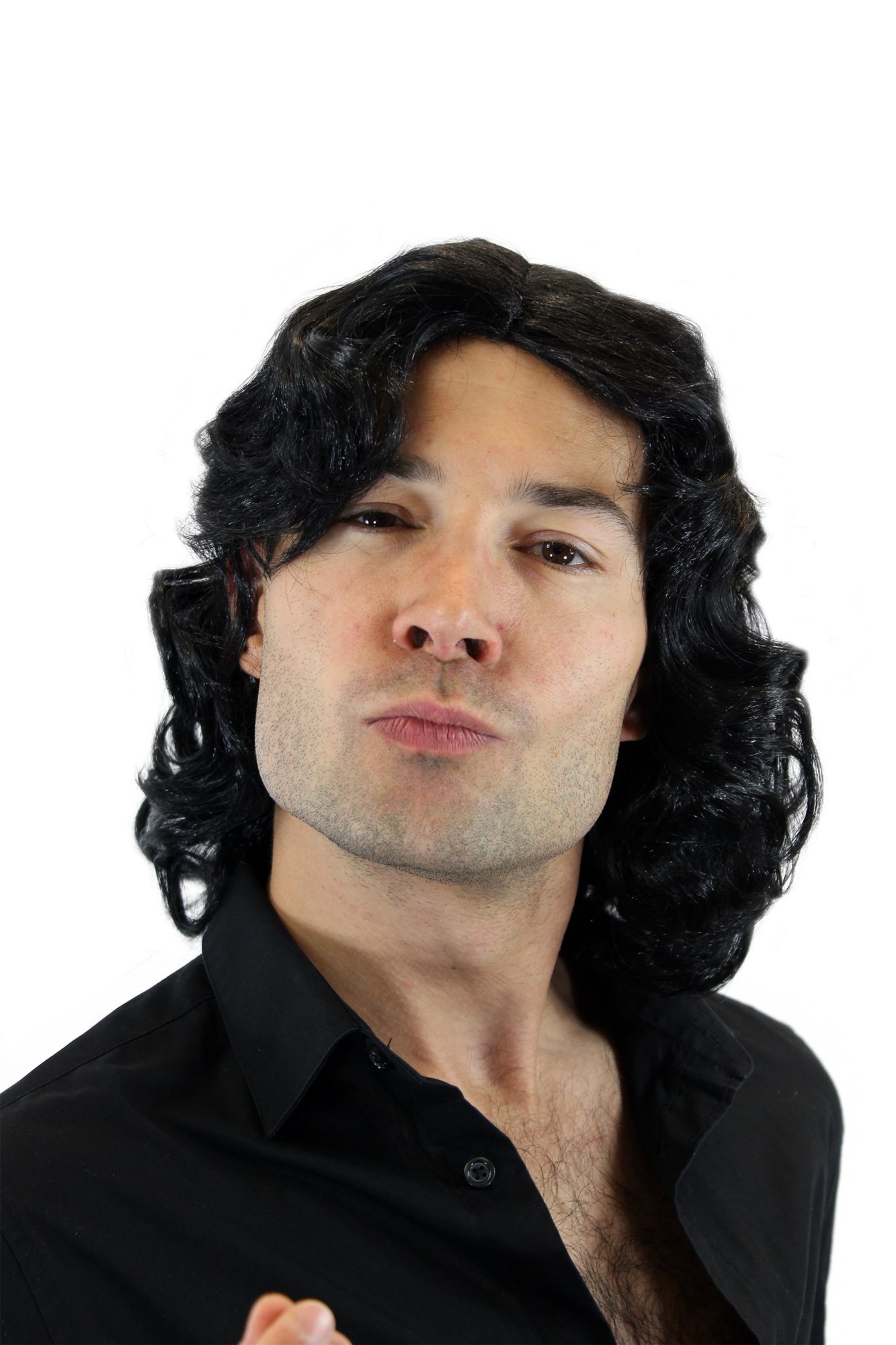 günstige Party Perücke, Herrenperücke lang Schwarz Schlagersänger 3750-P103, Ansicht 2, WIG ME UP: Ihr Perücken Online Shop lockige Party Perücke Schwarz schulterlange Haare Unisex