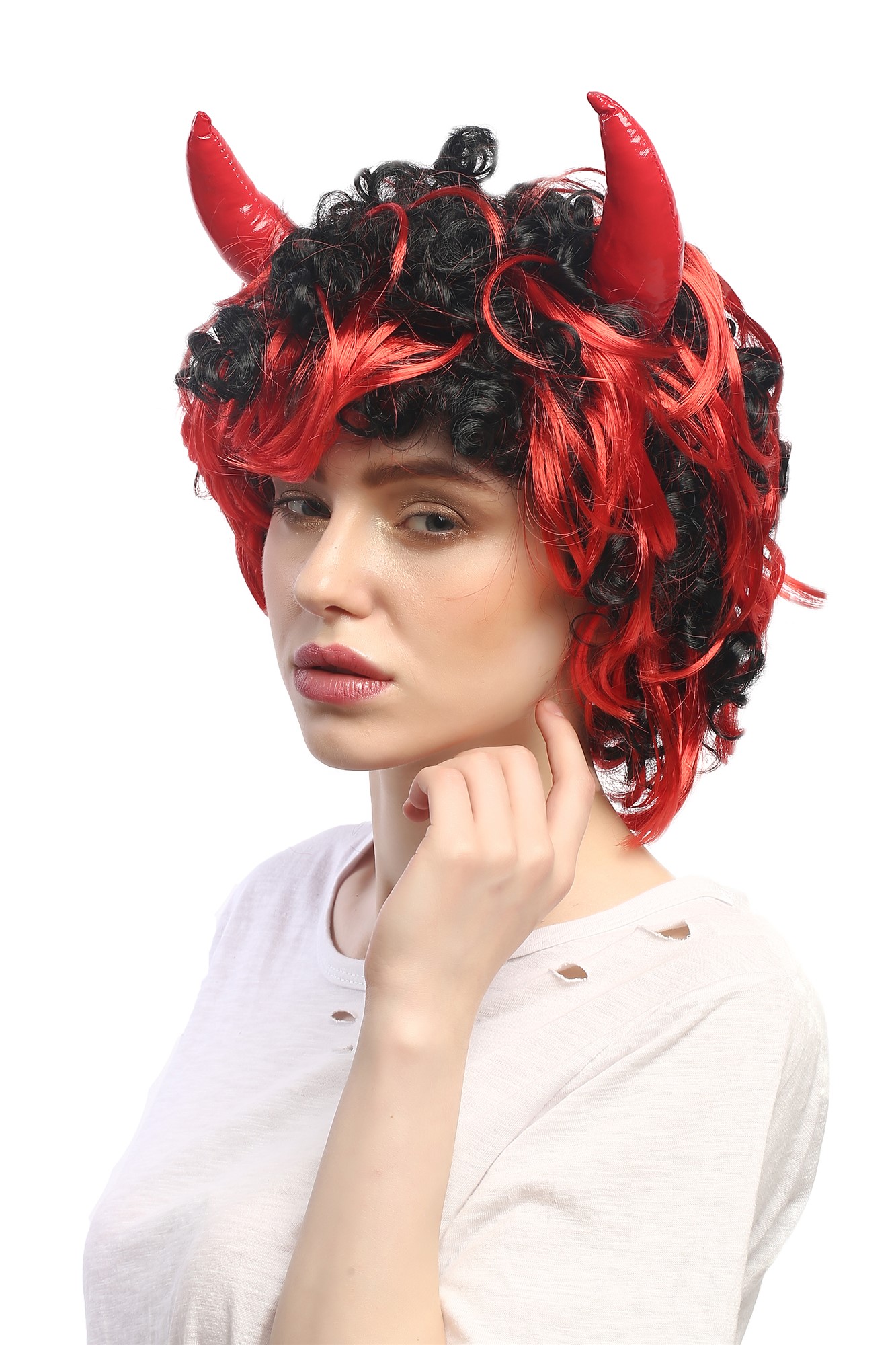 LadyMan Party Wig Halloween horns devil demon black with red curls wild 4045, front view, WIG ME UP: Your Perücken Online Shop Party Wig, Unisex, Black, Red, wavy, short