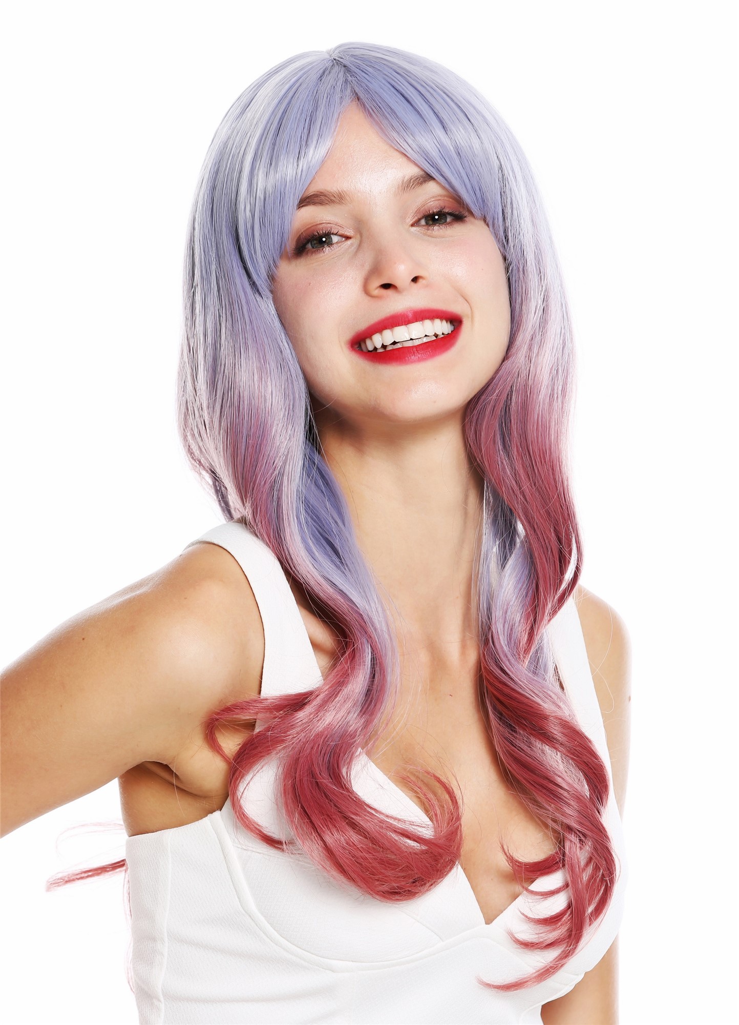 hochwertige Qualitätsperücken, Perücke lang gewellt Balayage Ombre Blau Grau Rot DL-109-3925/3904, Ansicht 2, WIG ME UP: Ihr Perücken Online Shop wellige Tressen-Perücke mit Kopfhaut-Imitat Grau-Rot-Mix lange Haare für Damen