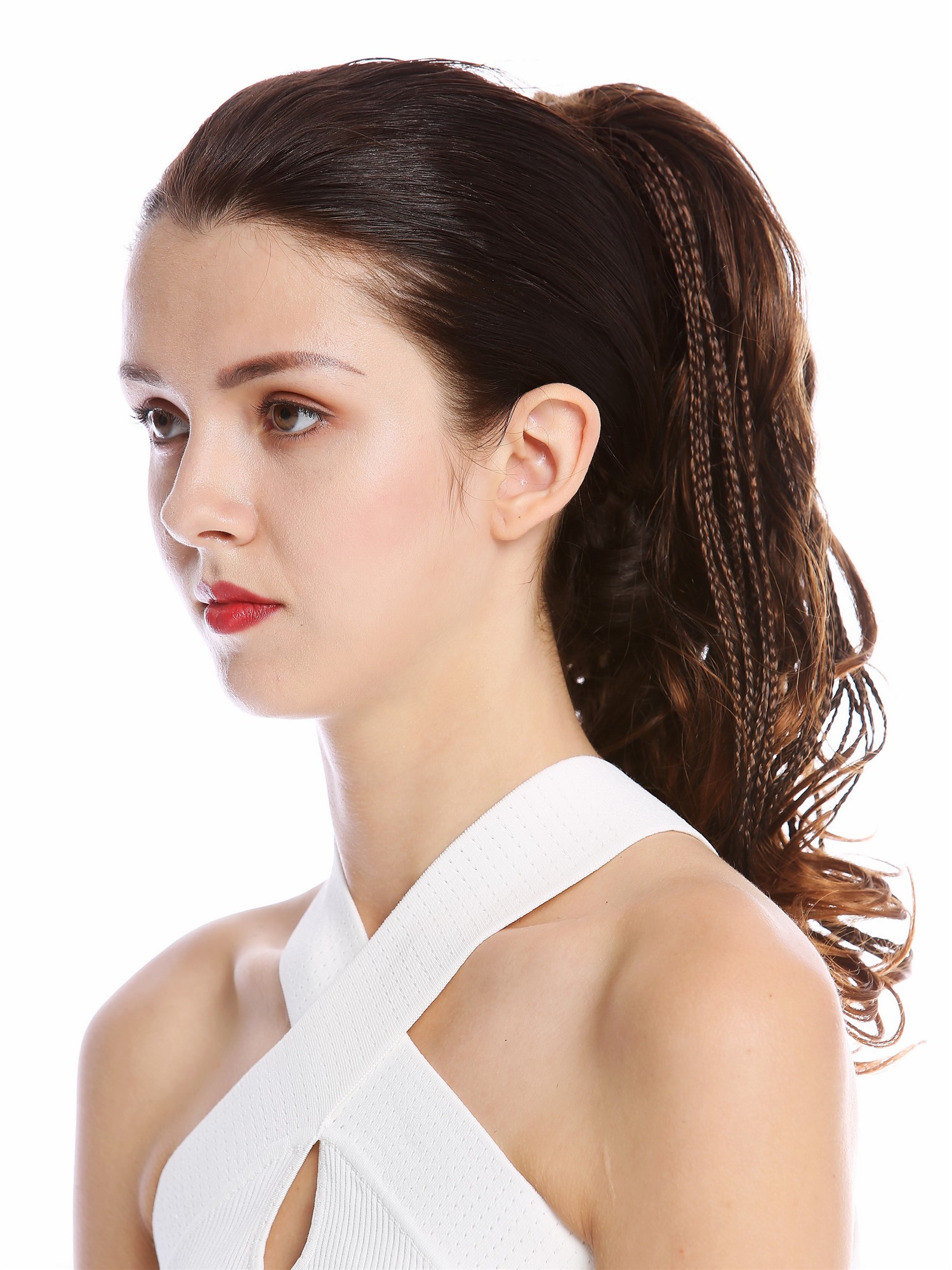 hochwertiger Zopf Pferdeschwanz Lockig Geflochtene Strähnen Kastanie Braun N472-V-2T30, Ansicht 3, WIG ME UP: Ihr Perücken Online Shop geflochtenes Zopf-Haarteil Braun-Mix 35 cm lang