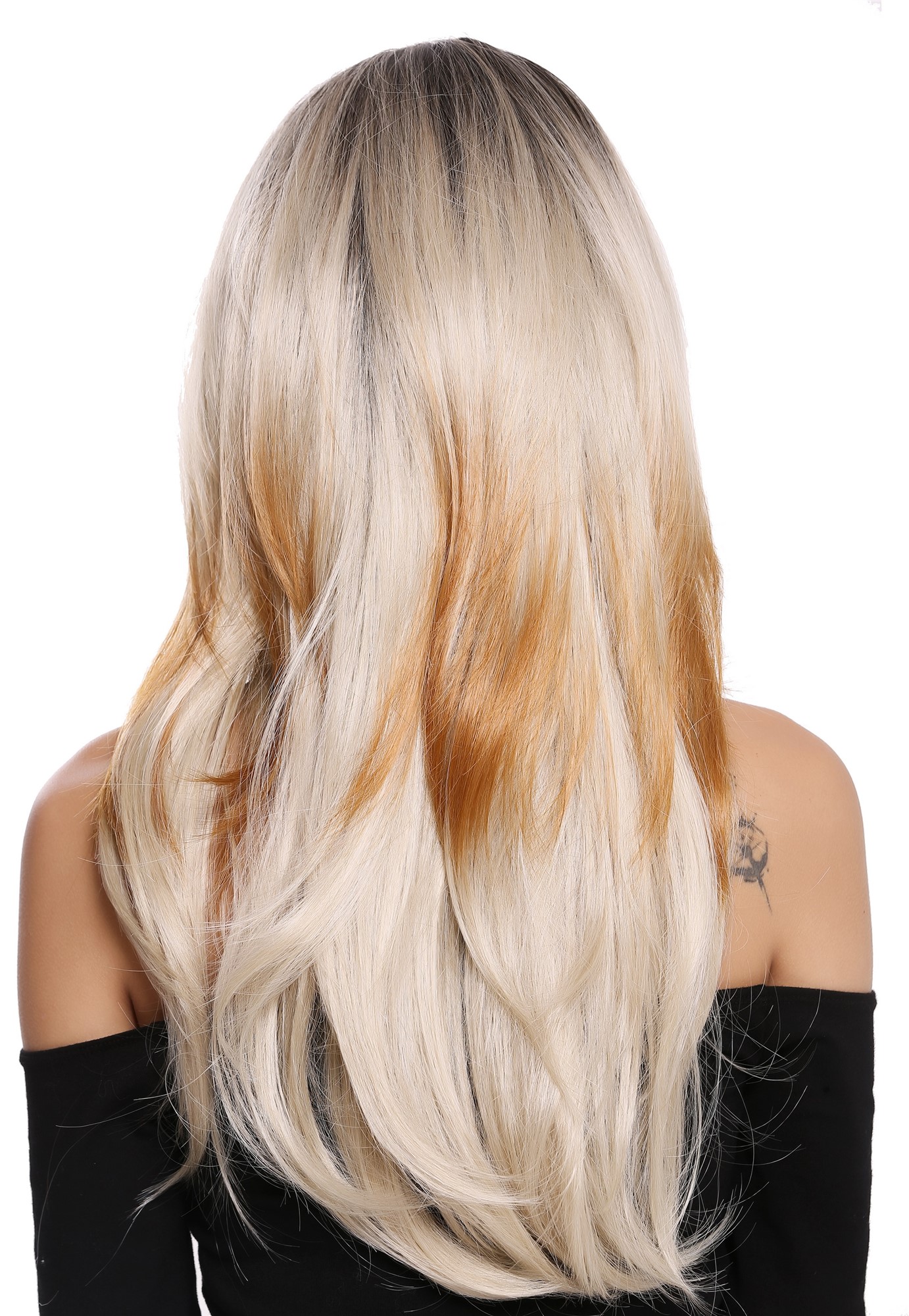 Quality Wigs, Ladies, ash blonde-platinum blonde-velvet black-strawberry blonde mix, wavy, long