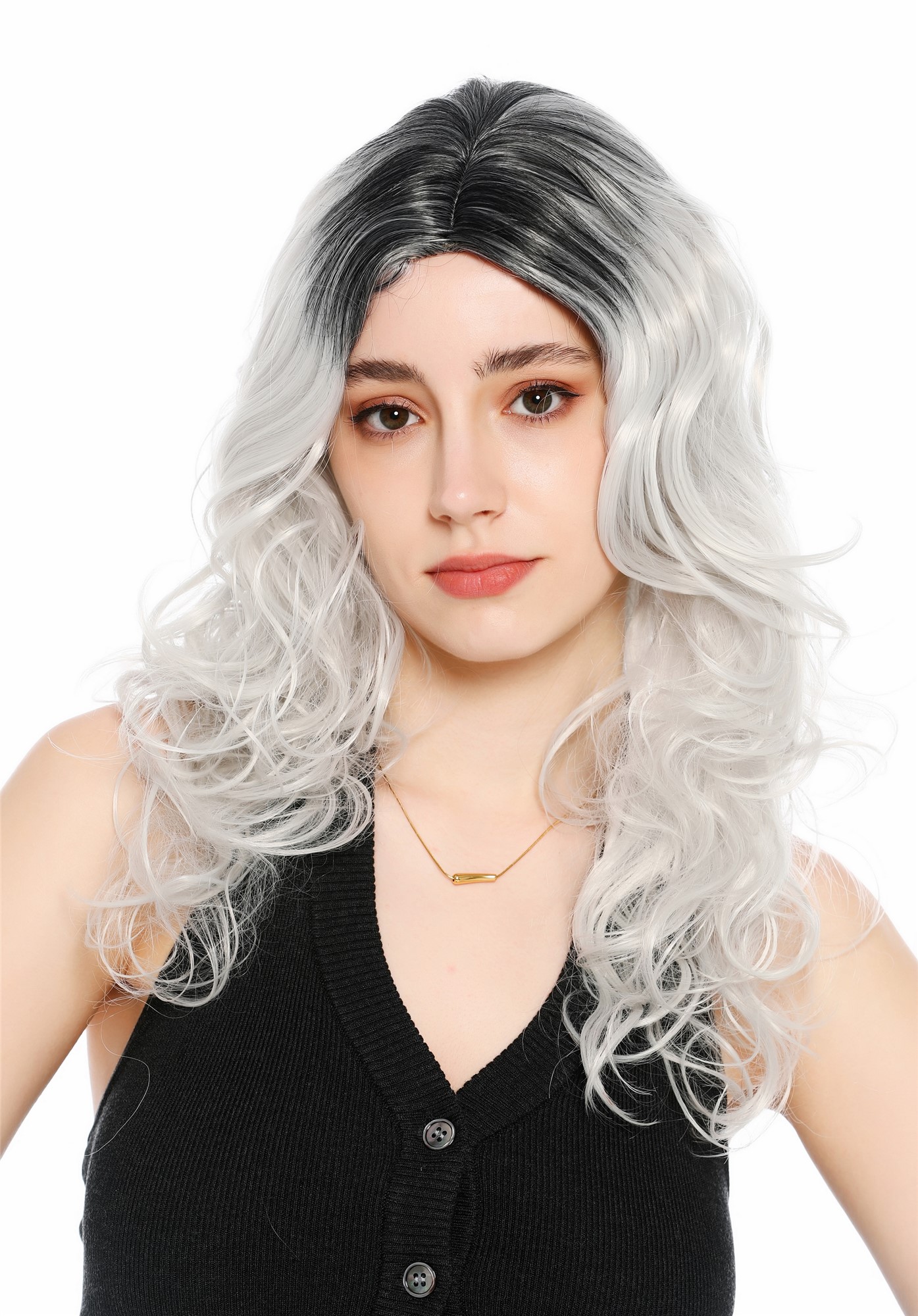 Perücke Damen lang voluminös wild gewellt wellig Mittelscheitel Ombre Schwarz Hellgrau GFW1832-silvergray+1B