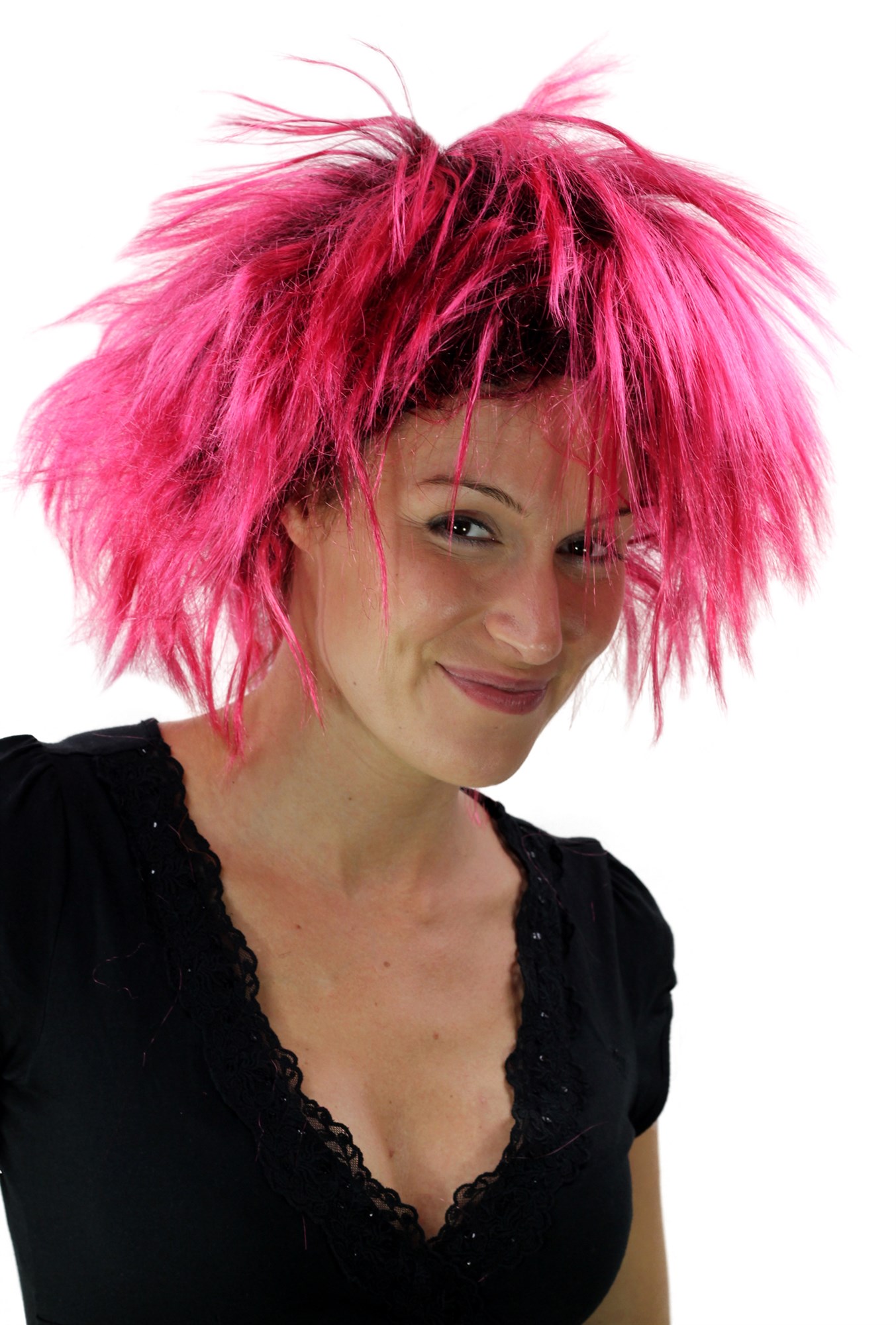 günstige Party Perücke, 80er Jahre Perücke Punk Glam Schwarz-Pink PW0078, Ansicht 3, WIG ME UP: Ihr Perücken Online Shop wellige Party Perücke sonstige kurze Haare Unisex