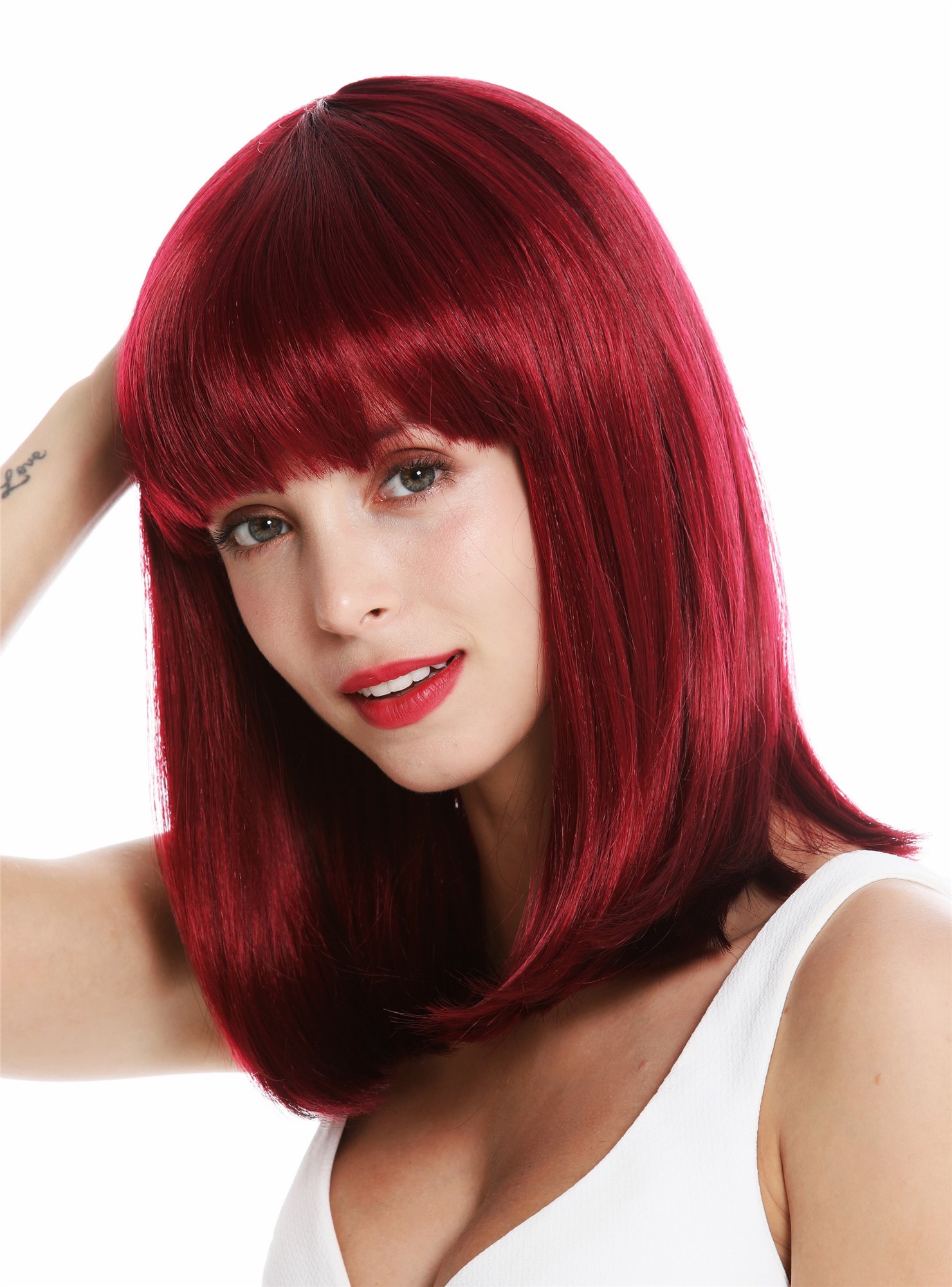 hochwertige Qualitätsperücken, Perücke Longbob schulterlang Pony Rot Violett VK-1-118H99J, Ansicht 3, WIG ME UP: Ihr Perücken Online Shop glatte Tressen-Perücke Rot-Violett-Mix schulterlange Haare für Damen