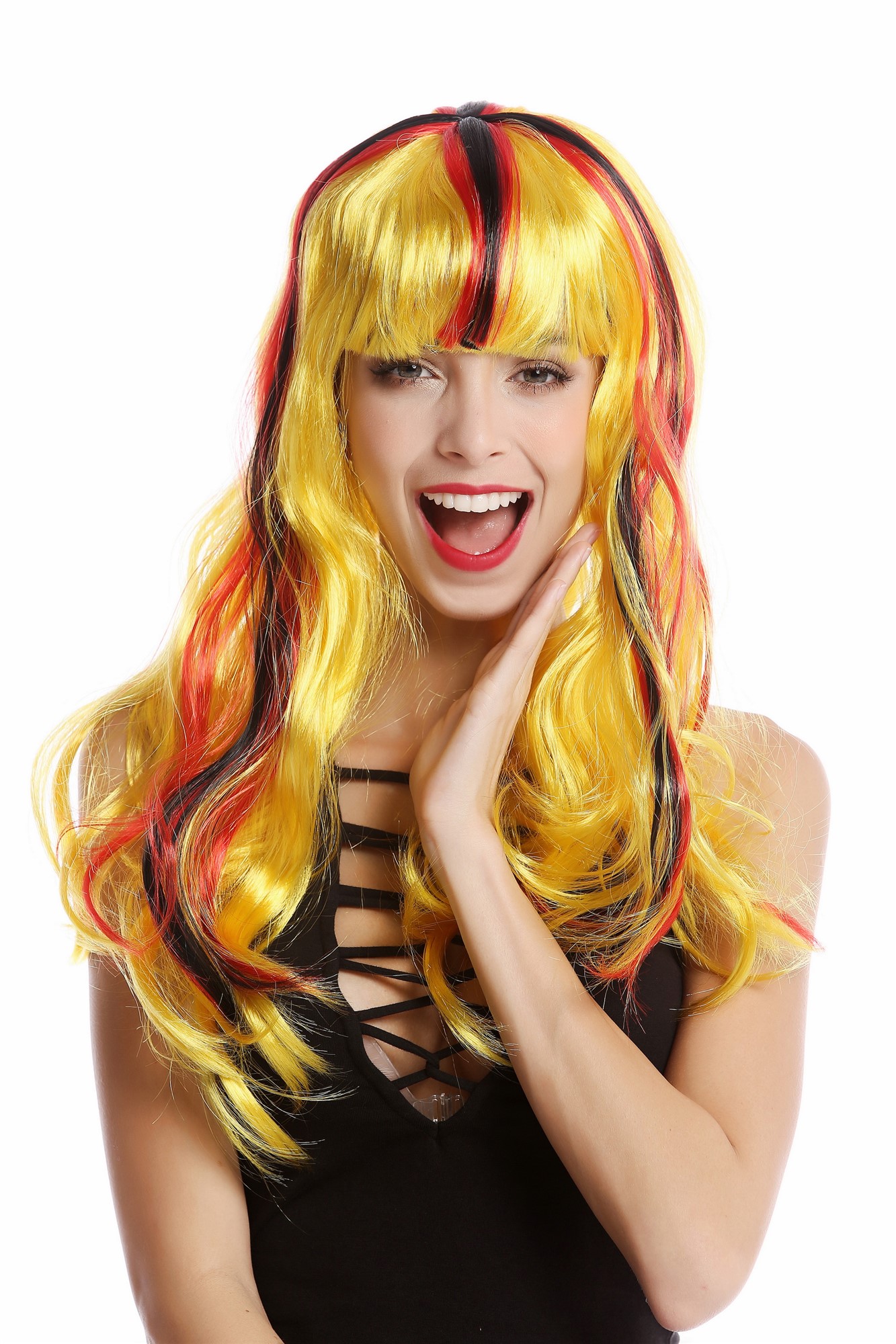 90923 Lady Fan Wig Germany black red yellow long wavy, view 2, WIG ME UP: Your Perücken Online Shop Party Wig, Ladies, yellow, red, black, wavy, long