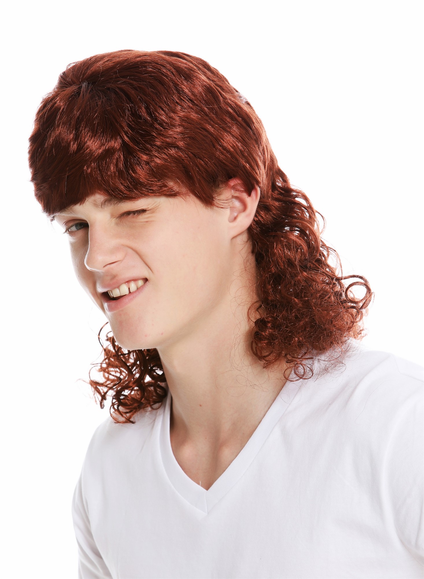 günstige Party Perücke, Perücke Vokuhila Schlager Sänger Rotbraun Lockig 60893-P340, Ansicht 3, WIG ME UP: Ihr Perücken Online Shop lockige Party Perücke Braun schulterlange Haare Unisex