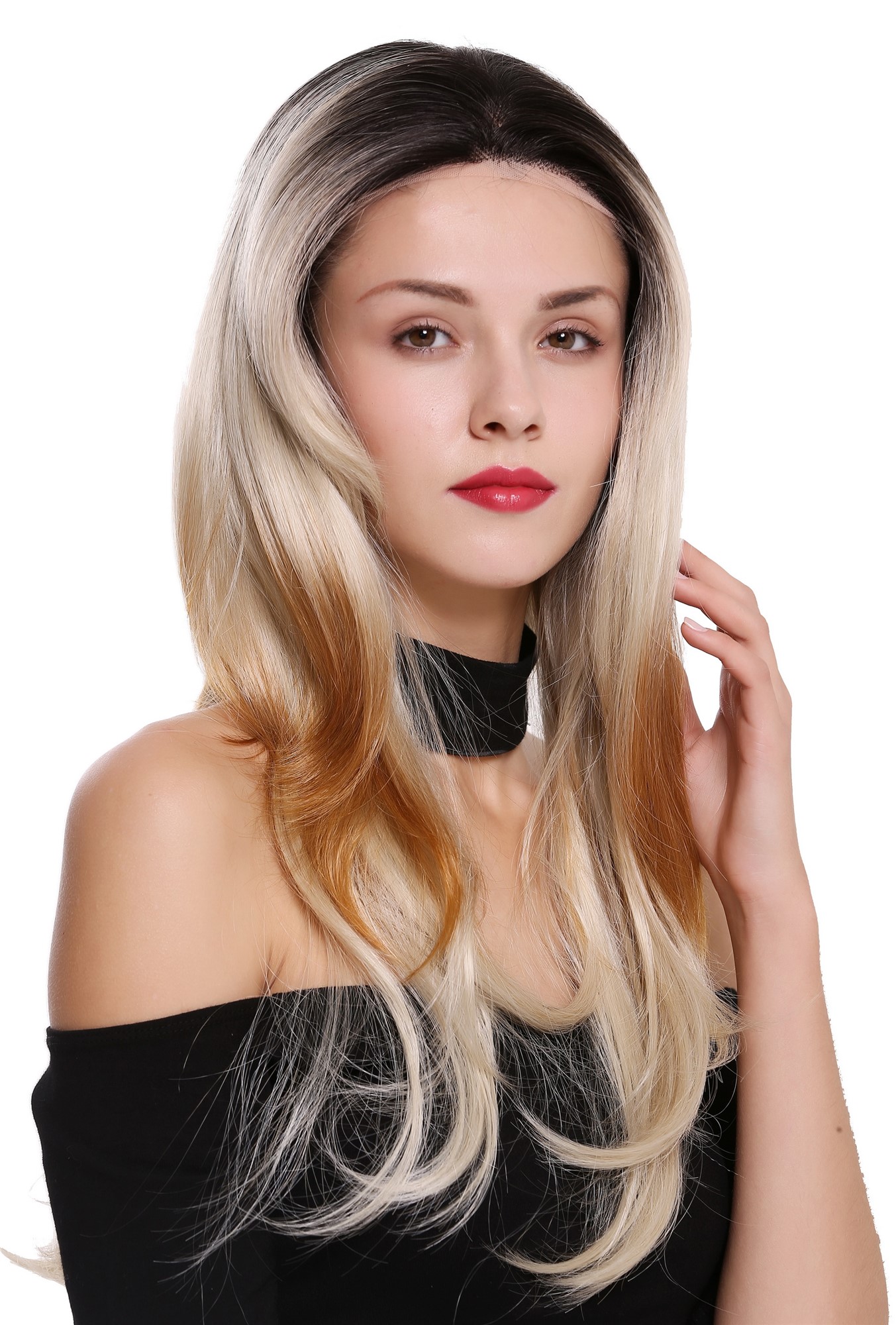 Lady women wig lace front monofilament long sleek ombre black blonde BS201-MF, view 4, WIG ME UP: Your Perücken Online Shop Quality Wigs, Ladies, ash blonde-platinum blonde-velvet black-strawberry blonde mix, wavy, long