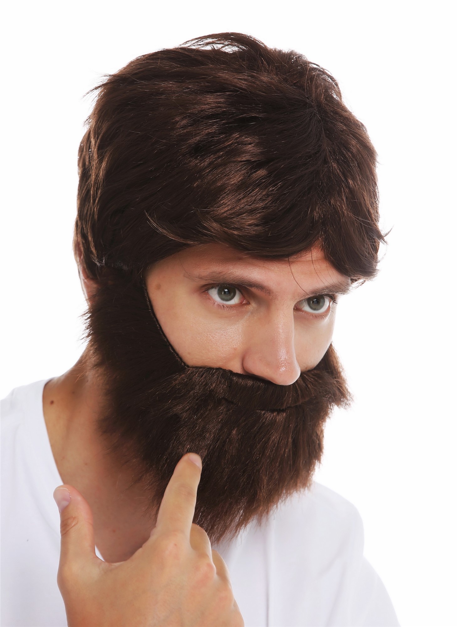 Wig and Beard set carnival Halloween men brown wild messy scruffy 31998, front view, WIG ME UP: Your Perücken Online Shop Party Wig, Men, medium brown, wavy, short