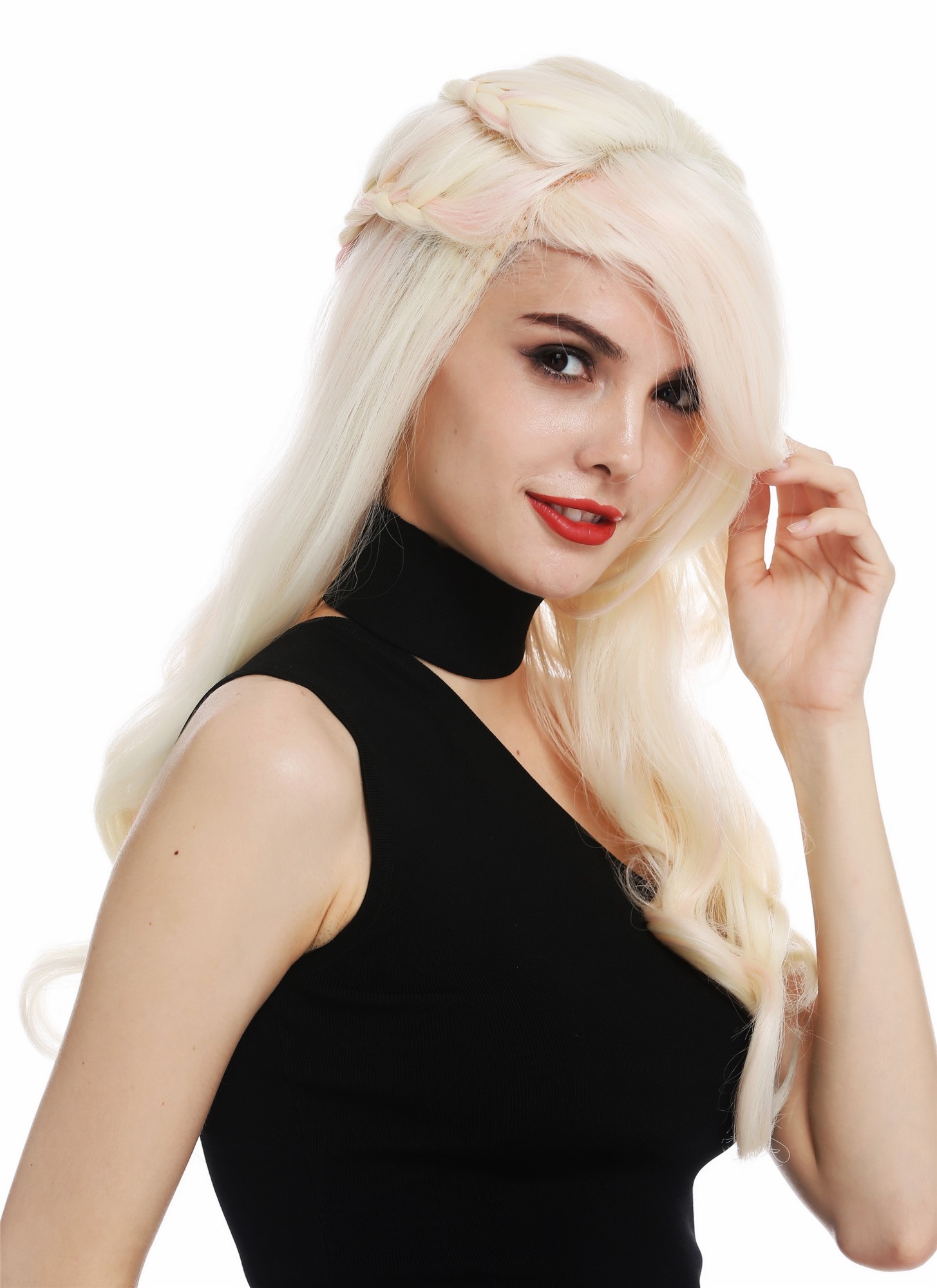 hochwertige Qualitätsperücken, Perücke lang geflochten Platin Blond Rosa WL-5013TP-613FT2333, Vorderansicht, WIG ME UP: Ihr Perücken Online Shop geflochtene Tressen-Perücke mit Kopfhaut-Imitat Blond-Rosa-Mix lange Haare für Damen