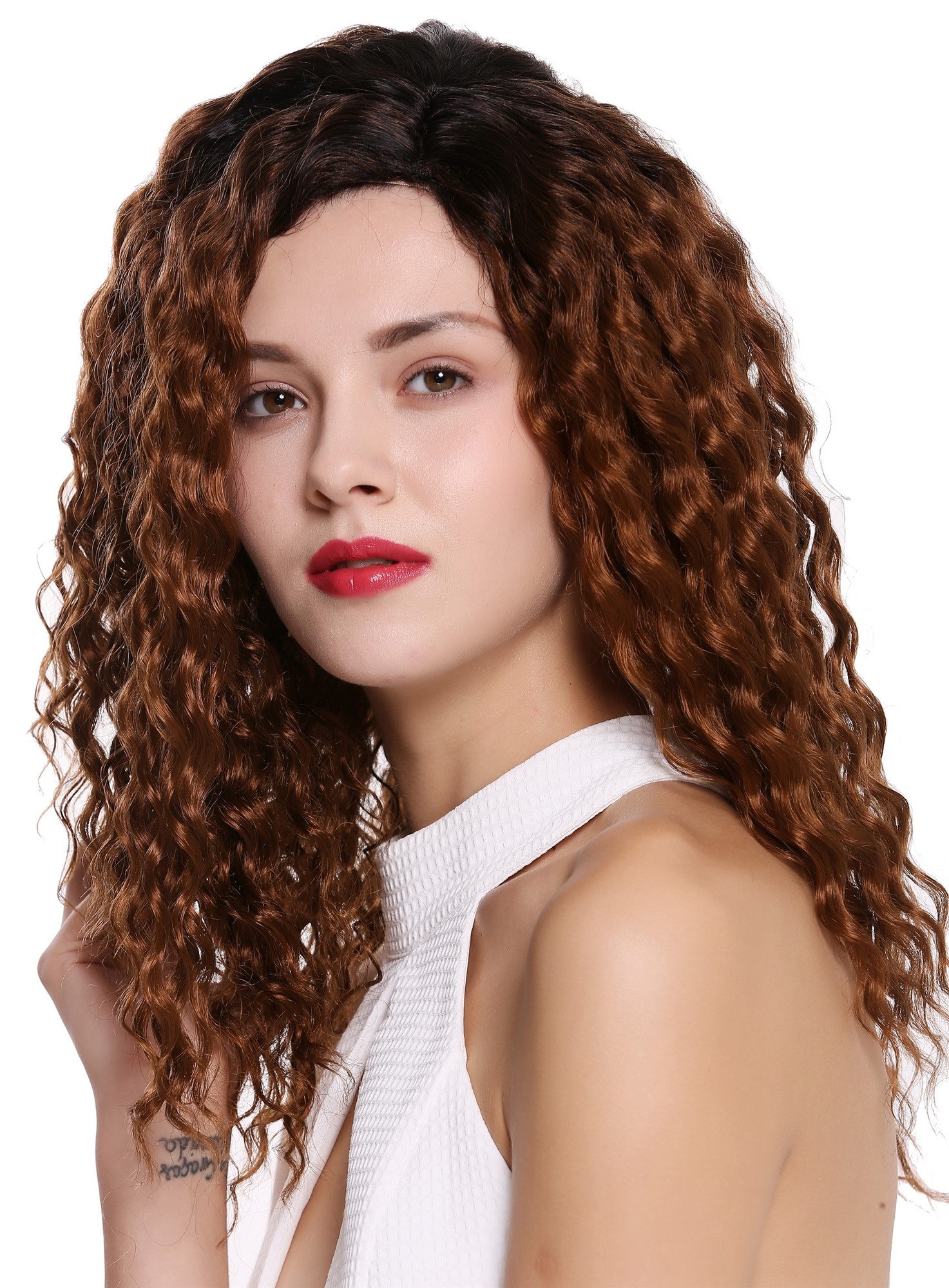hochwertige Qualitätsperücken, Perücke Afro Locken gekreppt Seitenscheitel Ombre Schwarz Kupferbraun 803AD-YS1+30, Ansicht 3, WIG ME UP: Ihr Perücken Online Shop lockige Tressen-Perücke mit Kopfhaut-Imitat Kupferbraun-Tiefschwarz-Mix lange Haare für Damen