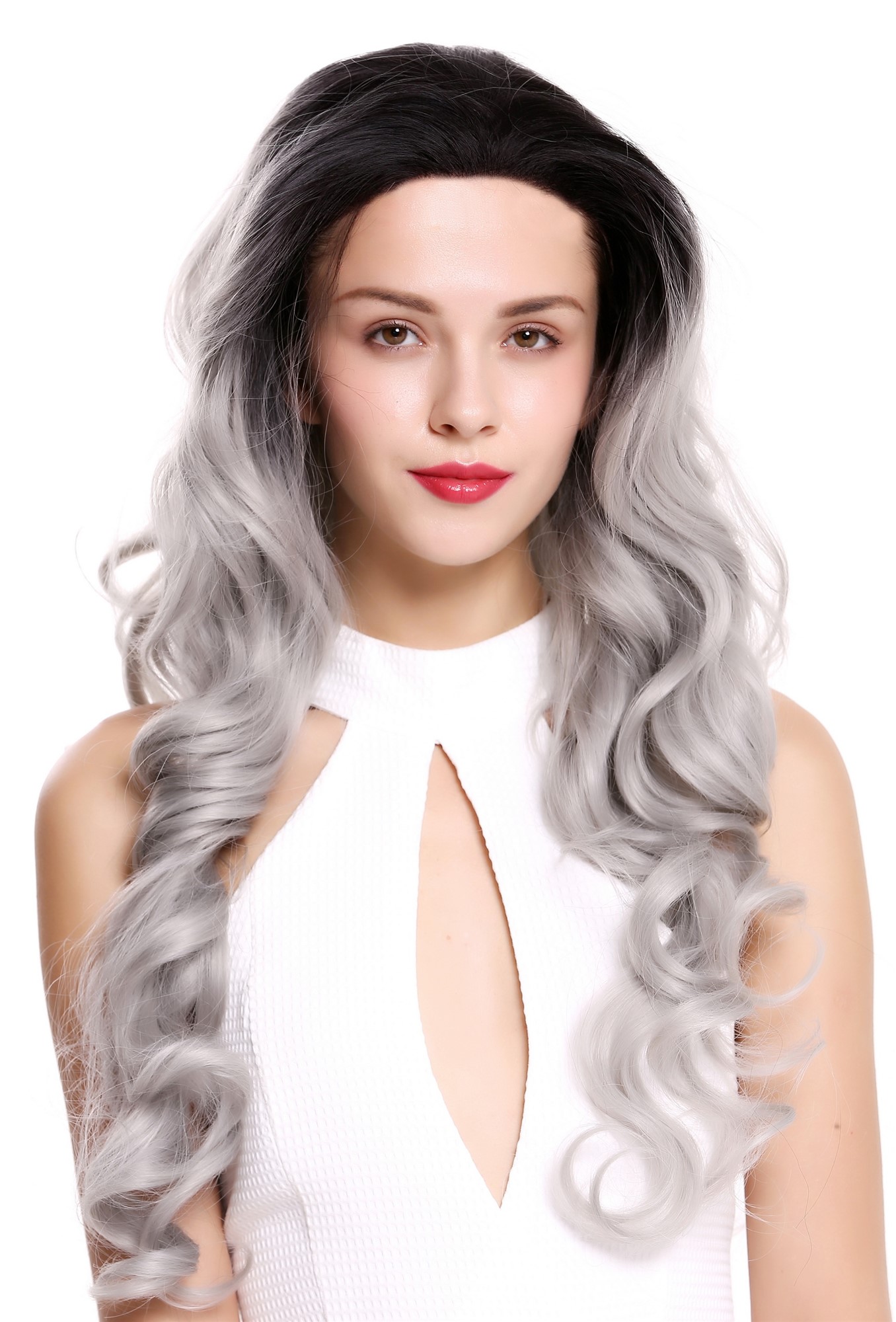 Lady wig women lace front long slightly curly ombre black grey LS-010-LF, front view, WIG ME UP: Your Perücken Online Shop Quality Wigs, Ladies, velvet black-silver gray mix, curled, long
