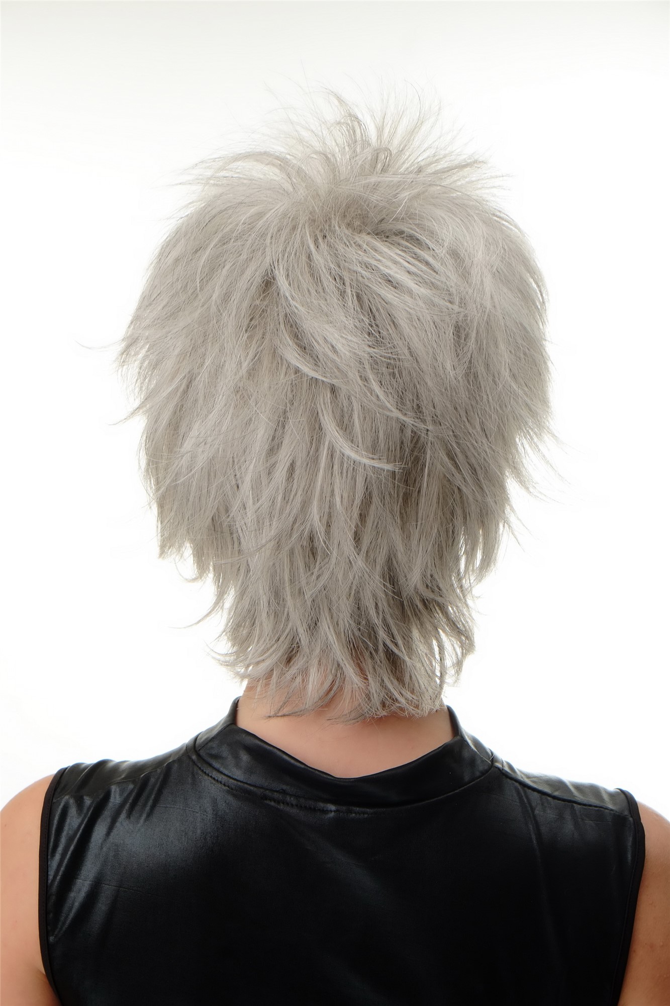 hochwertige Qualitätsperücken, Perücke Kurz Wilde Strähnen Wave 80er Hellgrau Grau BLUE144-51, Ansicht 4, WIG ME UP: Ihr Perücken Online Shop wellige Tressen-Perücke Silbergrau mit geringem Schwarzanteil kurze Haare für Damen