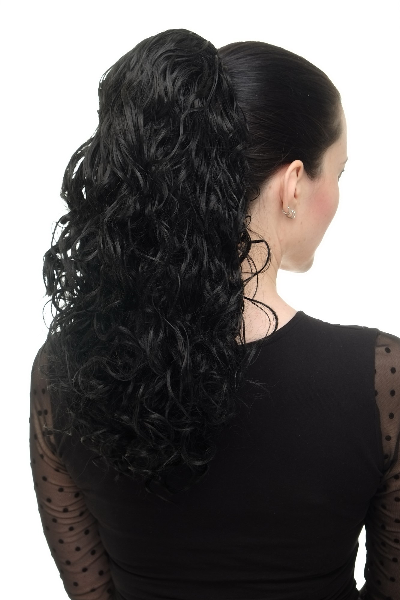 hochwertiges Haarteil 2 Klammern & Gummizug super Volumen Locken schwarz NC002-1, Ansicht 4, WIG ME UP: Ihr Perücken Online Shop lockiges Zopf-Haarteil Schwarz 45 cm lang