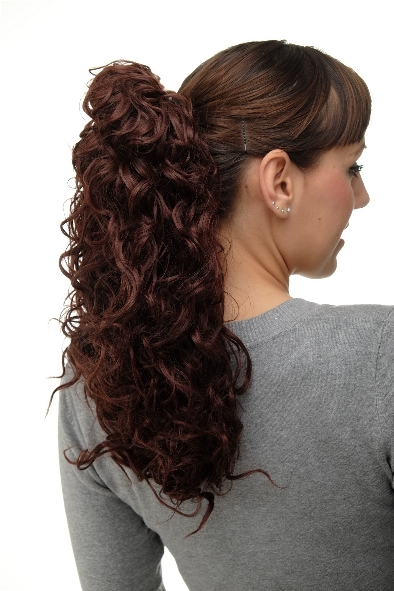 Hairpiece Ponytail with 2 combs/clips & elastic draw string long full curls voluminous mahogany, view 5, WIG ME UP: Your Perücken Online Shop Ponytails, mahogany brown, curled, shoulder-length
