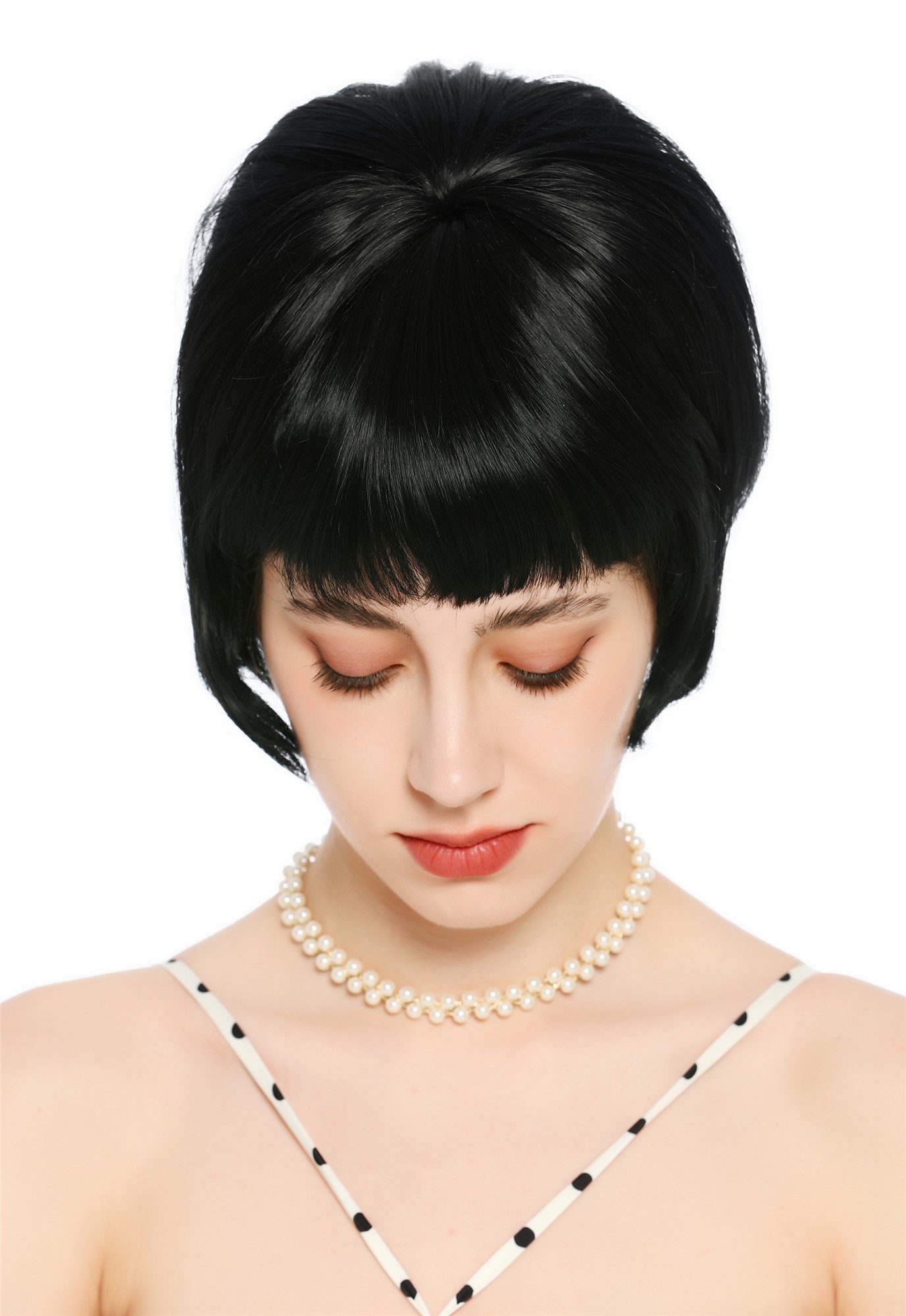 Perücke Damen Retro Vintage 50er 60er Beehive Turmfrisur hochtoupiert kurz Pony Schwarz VK-71-1