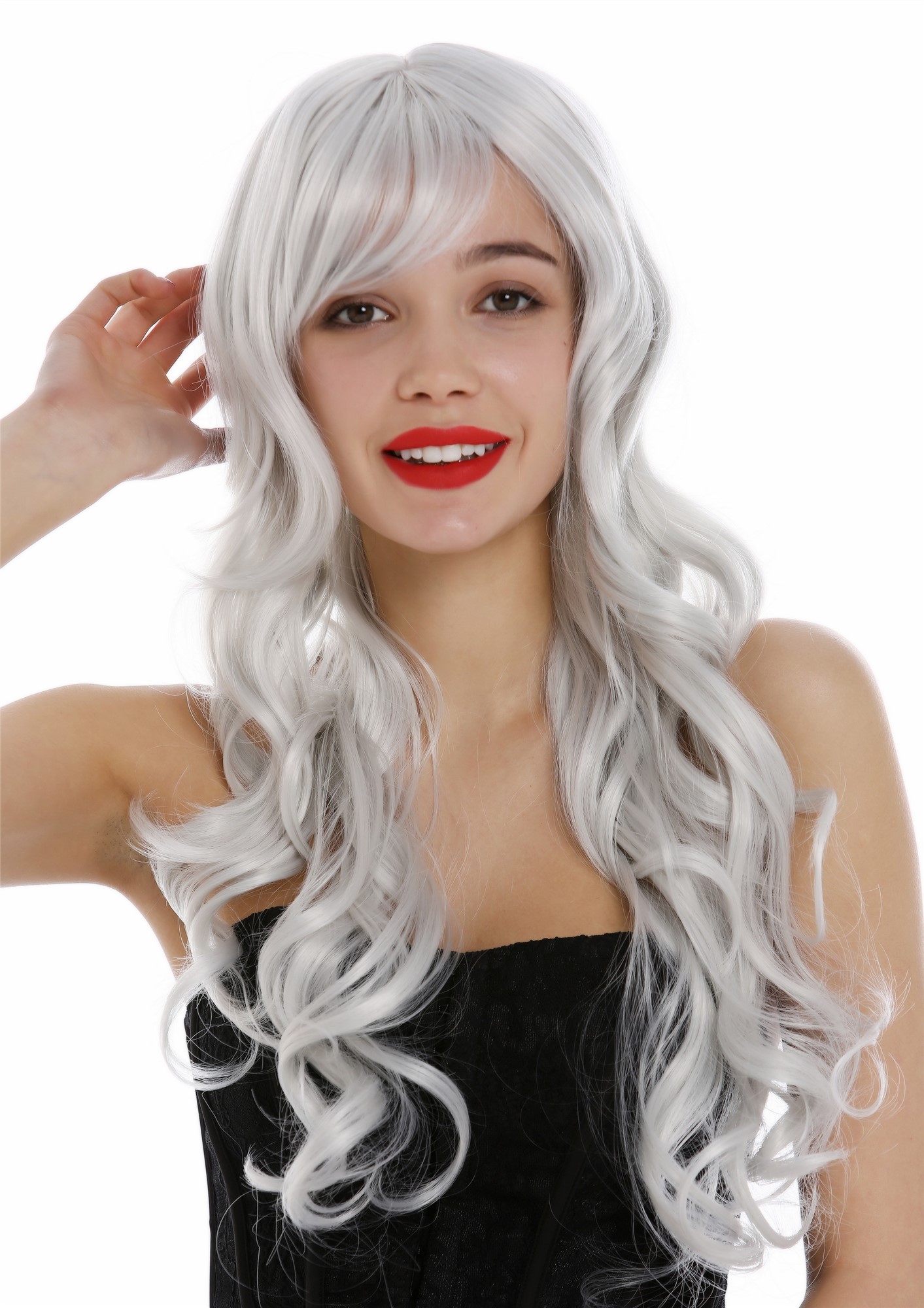 hochwertige Qualitätsperücken, Perücke lang wallendes Haar wellig leicht lockig Grau Weißgrau 9204S-001, Ansicht 2, WIG ME UP: Ihr Perücken Online Shop lockige Tressen-Perücke mit Kopfhaut-Imitat Weißgrau lange Haare für Damen