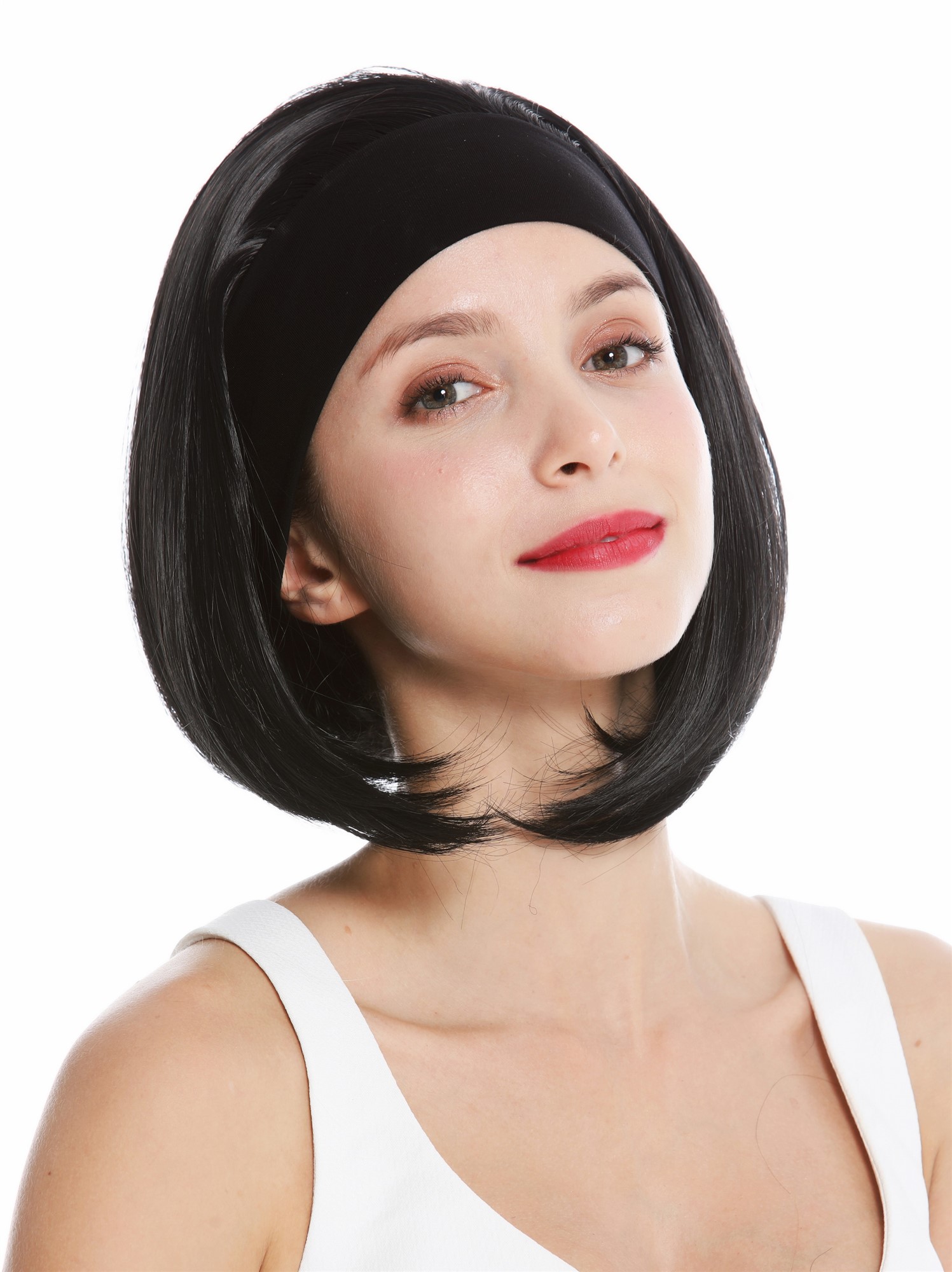 hochwertige Qualitätsperücken, Perücke Kurz Stirnband Retro Schwarz GFW948-H-1, Ansicht 3, WIG ME UP: Ihr Perücken Online Shop glatte Tressen-Perücke mit Gummizug und Stirnband Schwarz kurze Haare für Damen