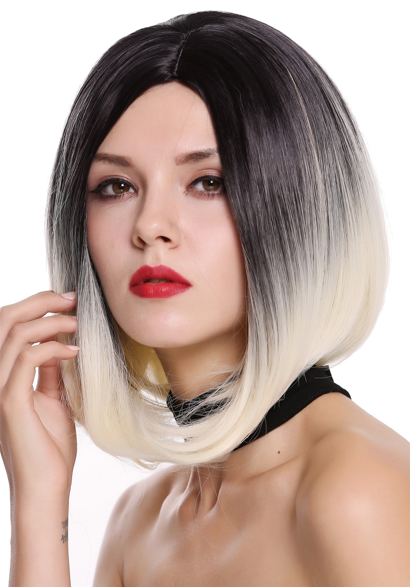 hochwertige Qualitätsperücken, Perücke Bob Longbob Ombre Schwarz Platinblond Mittelscheitel ZM-1691-613R1B, Vorderansicht, WIG ME UP: Ihr Perücken Online Shop glatte Tressen-Perücke mit Kopfhaut-Imitat Schwarz-Platinblond-Mix kurze Haare für Damen