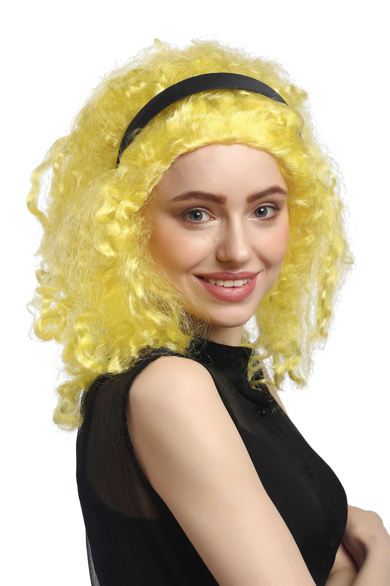 günstige Party Perücke, Perücke Krause Locken Afro Gelb Haarreif 3046-PP310, Ansicht 4, WIG ME UP: Ihr Perücken Online Shop lockige Party Perücke Gelb schulterlange Haare für Damen