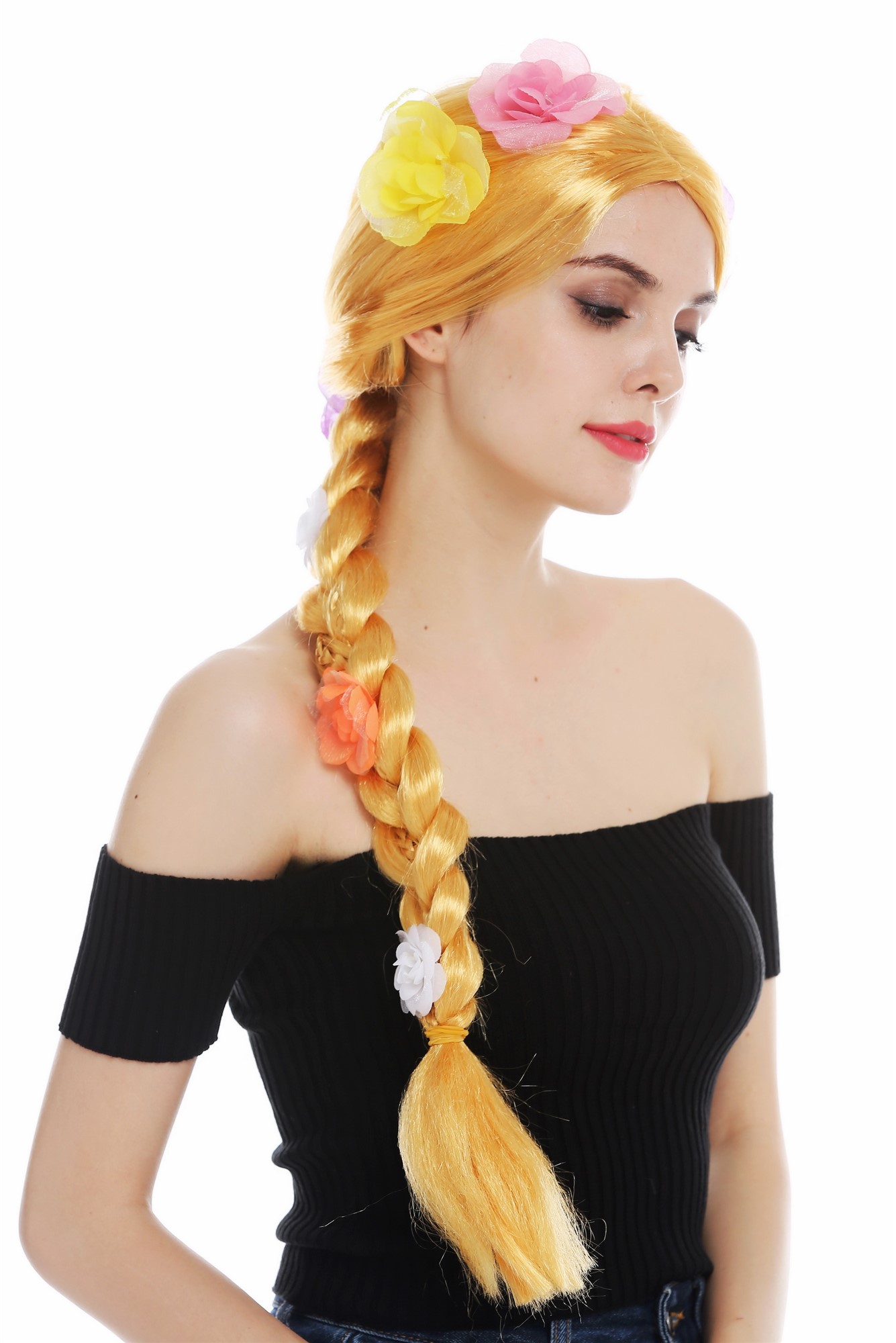 günstige Party Perücke, Perücke lang geflochtener Zopf Blumen Goldblond 31962-P35, Ansicht 3, WIG ME UP: Ihr Perücken Online Shop geflochtene Party Perücke Strohblond lange Haare für Damen