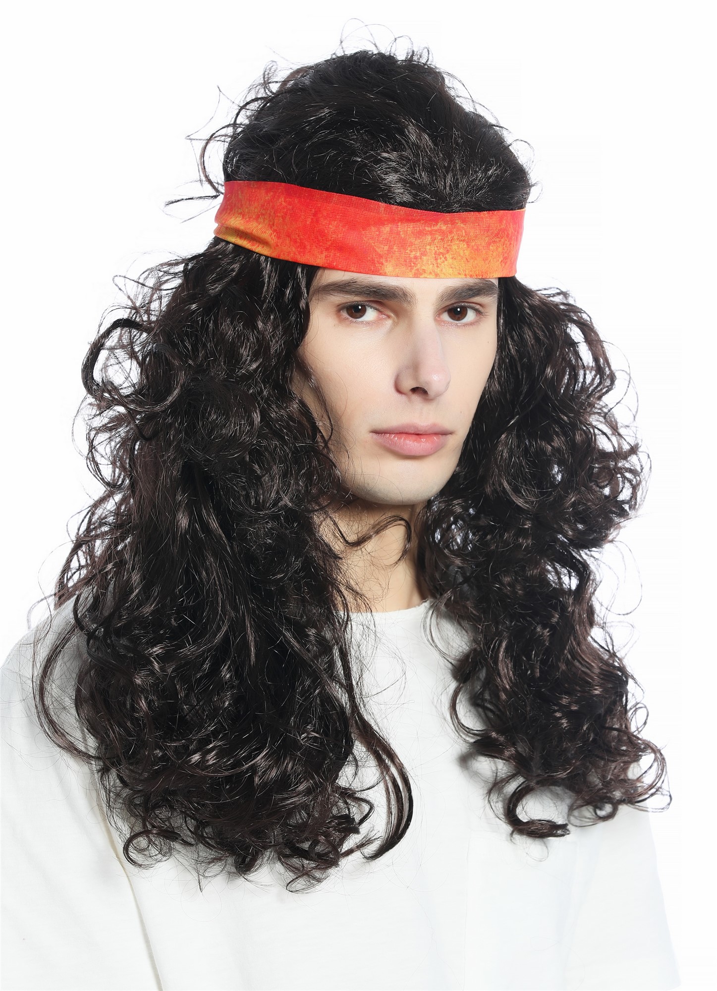 günstige Party Perücke, Perücke Stirnband lang Locken lockig braun Hippie 70er CW-027-P4, Vorderansicht, WIG ME UP: Ihr Perücken Online Shop lockige Party Perücke Mittelbraun lange Haare Unisex