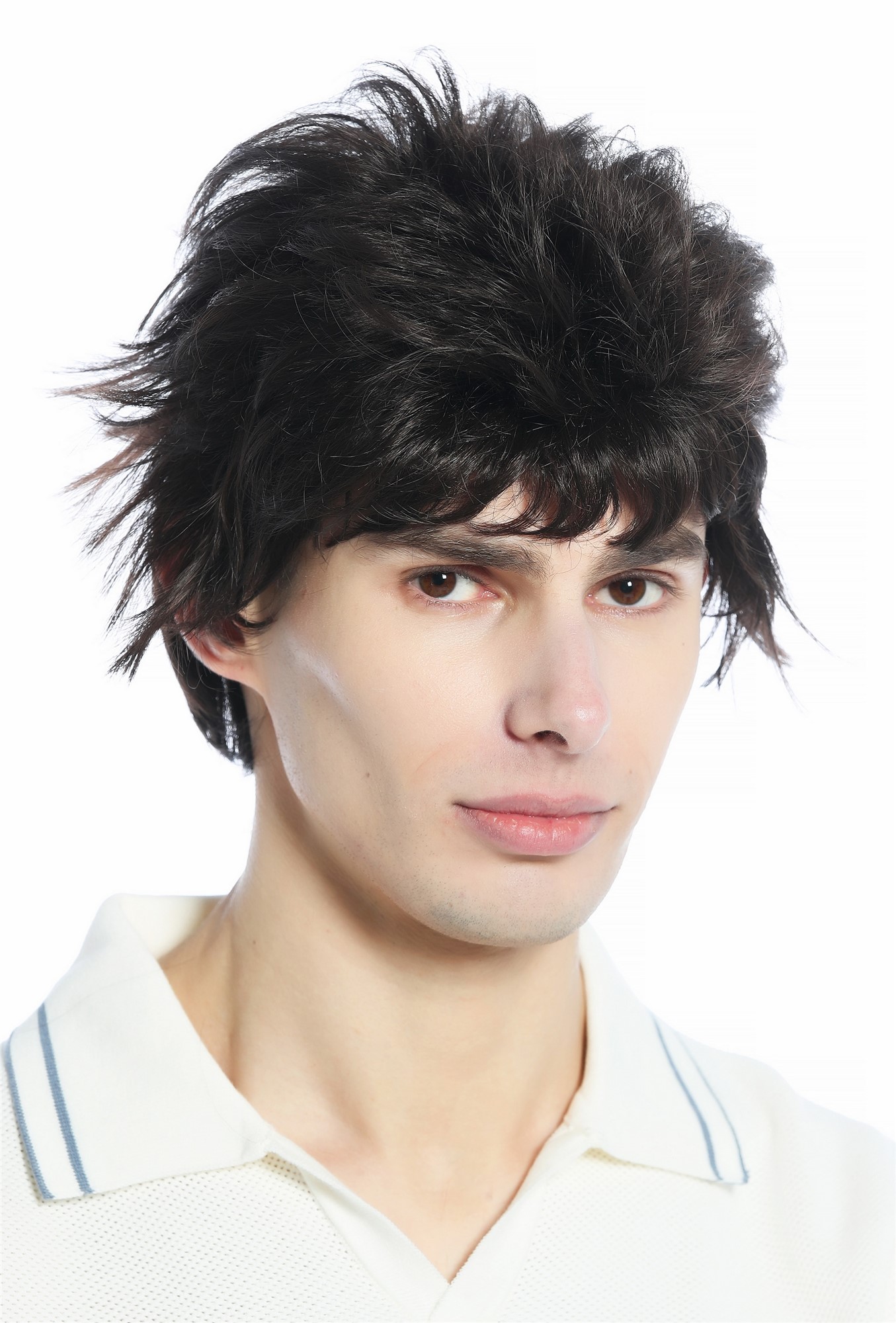 hochwertige Qualitätsperücken, Perücke kurz wild retro 80er toupiert wie ungekämmt Braun M-252A-6, Vorderansicht, WIG ME UP: Ihr Perücken Online Shop glatte Tressen-Perücke Mittelbraun kurze Haare für Unisex