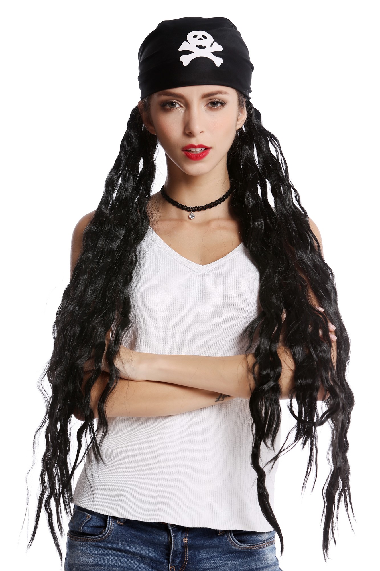 Wig & Bandana Men Women Carnival Skulls Jolly Roger Pirate long black wild semi Rasta Dreadlocks, view 2, WIG ME UP: Your Perücken Online Shop Party Wig, Unisex, Black, curled, long