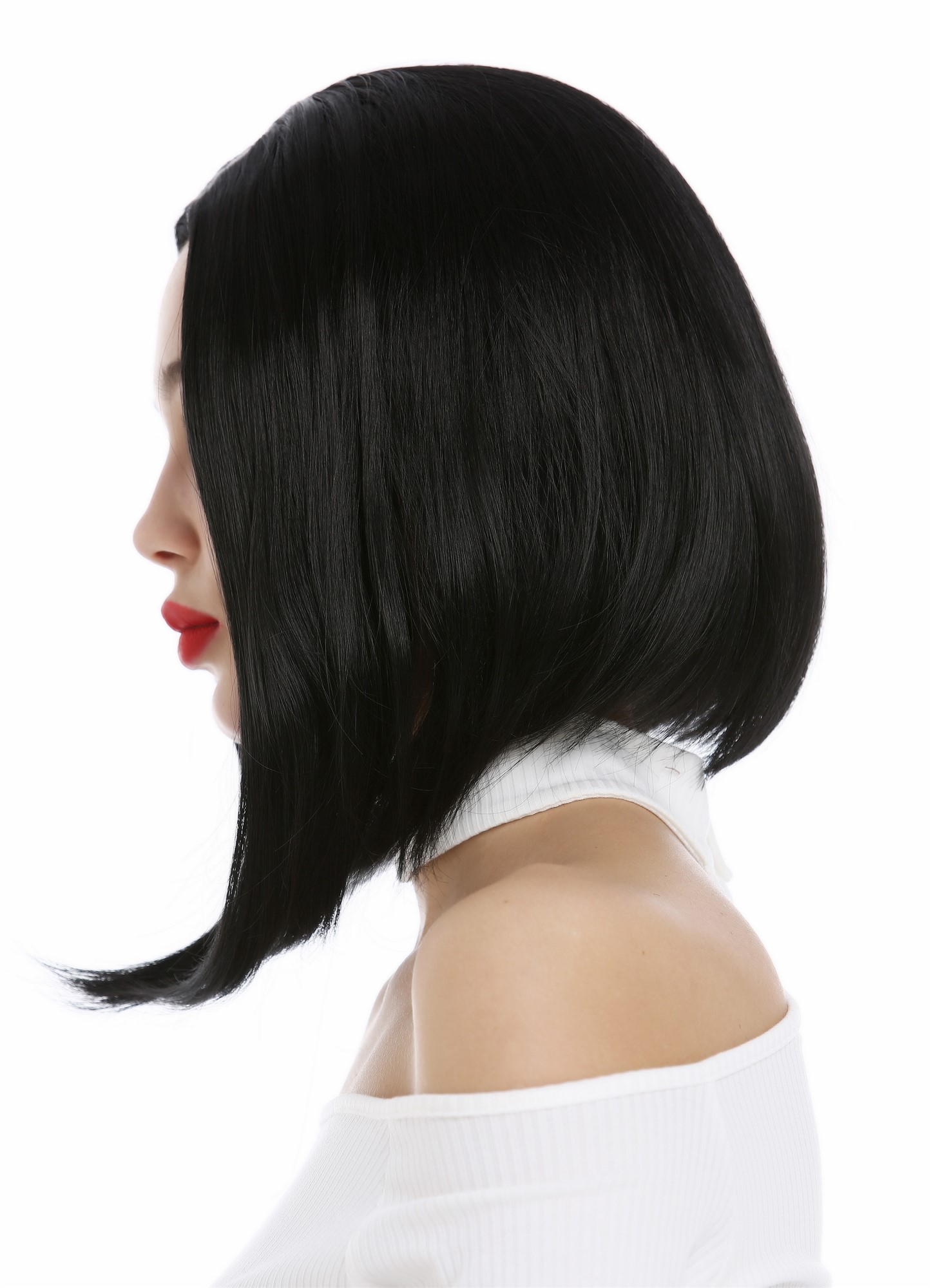 hochwertige Qualitätsperücken, Perücke kurz konkaver Bob Longbob Mittelscheitel Schwarz YZF-4365-1B, Ansicht 3, WIG ME UP: Ihr Perücken Online Shop glatte Tressen-Perücke mit Kopfhaut-Imitat Samtschwarz kurze Haare für Damen