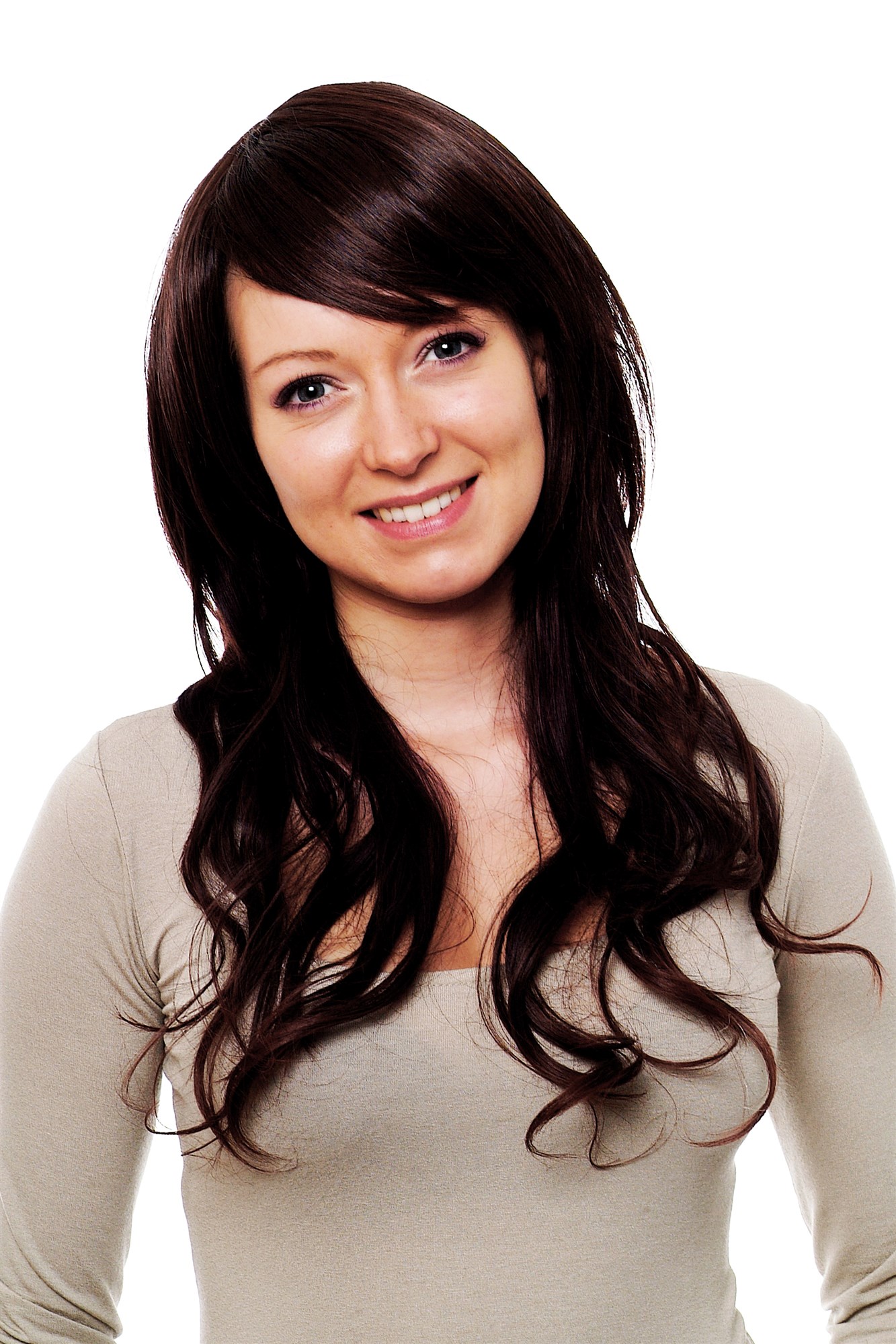 hochwertige Qualitätsperücken, Wellige langhaarige Perücke Dunkelbraun-Kastanie-Mix H9384E-2T33, Ansicht 5, WIG ME UP: Ihr Perücken Online Shop wellige Tressen-Perücke mit Kopfhaut-Imitat Braun lange Haare für Damen