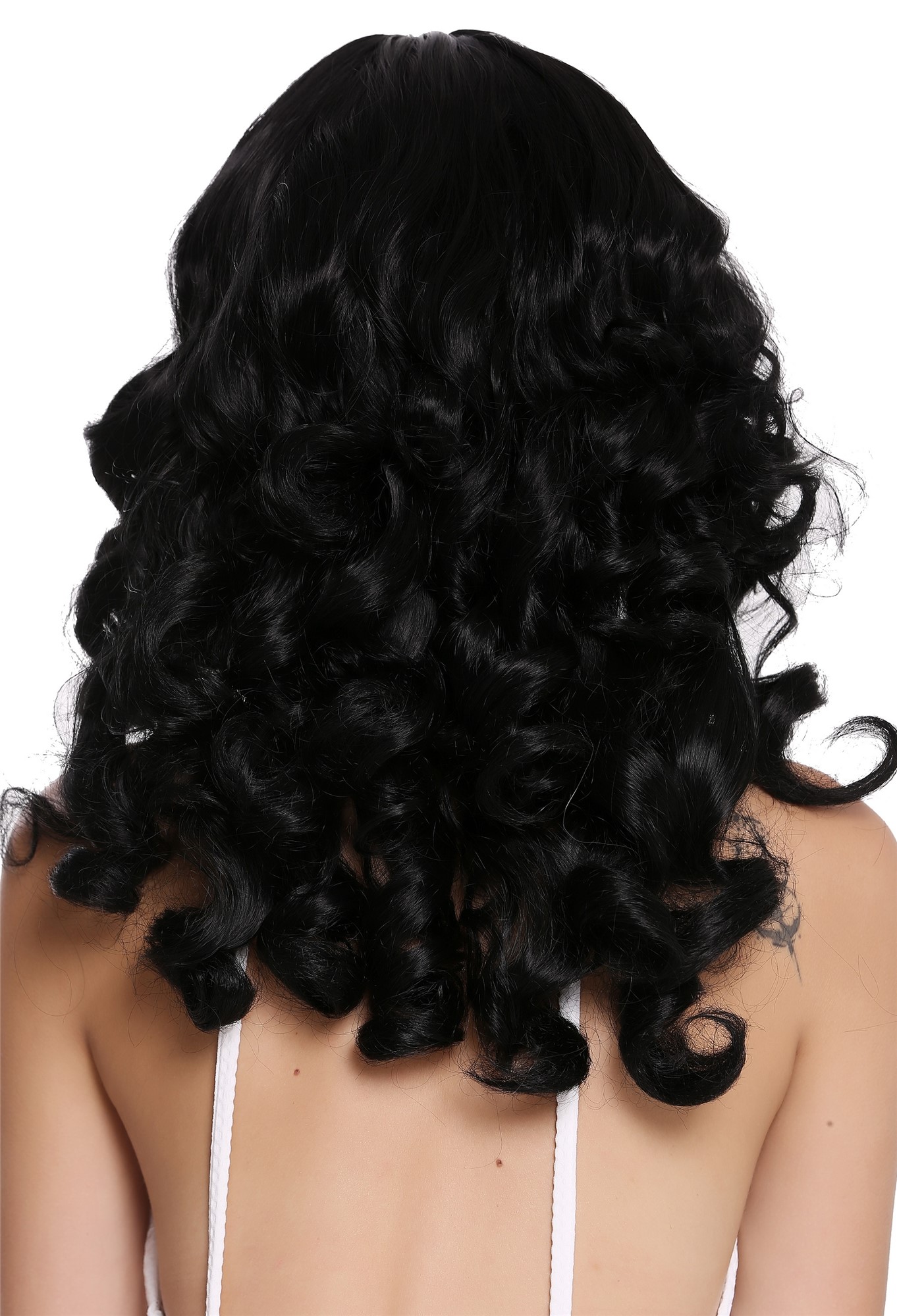 hochwertige Qualitätsperücken, Perücke Edel Locken Mittelscheitel Schwarz 6069-1B, Ansicht 3, WIG ME UP: Ihr Perücken Online Shop lockige Tressen-Perücke mit Kopfhaut-Imitat Samtschwarz schulterlange Haare für Damen