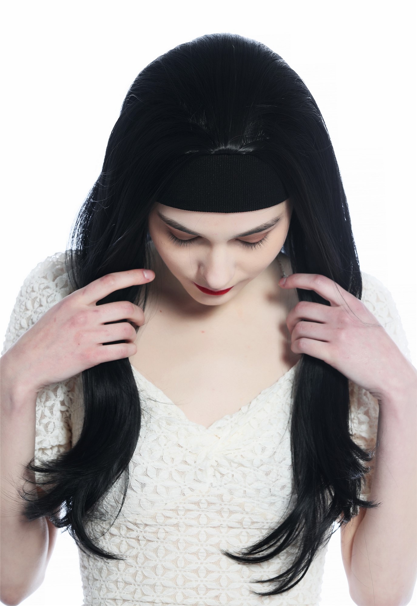 Lady wig half wig black headband cool retro long straight jet black H9306, view 4, WIG ME UP: Your Perücken Online Shop Quality Wigs, Ladies, Black, straight, long
