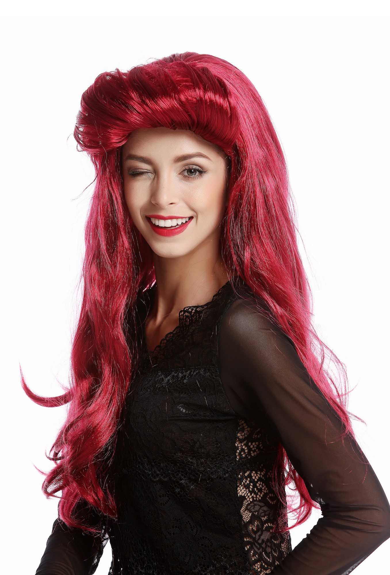 91313-ZA13A/ZA67A Wig Ladies Women Halloween Carnival Vamp Diva long red quiff 70s 80s Vintage Look, front view, WIG ME UP: Your Perücken Online Shop Party Wig, Ladies, Red, wavy, long