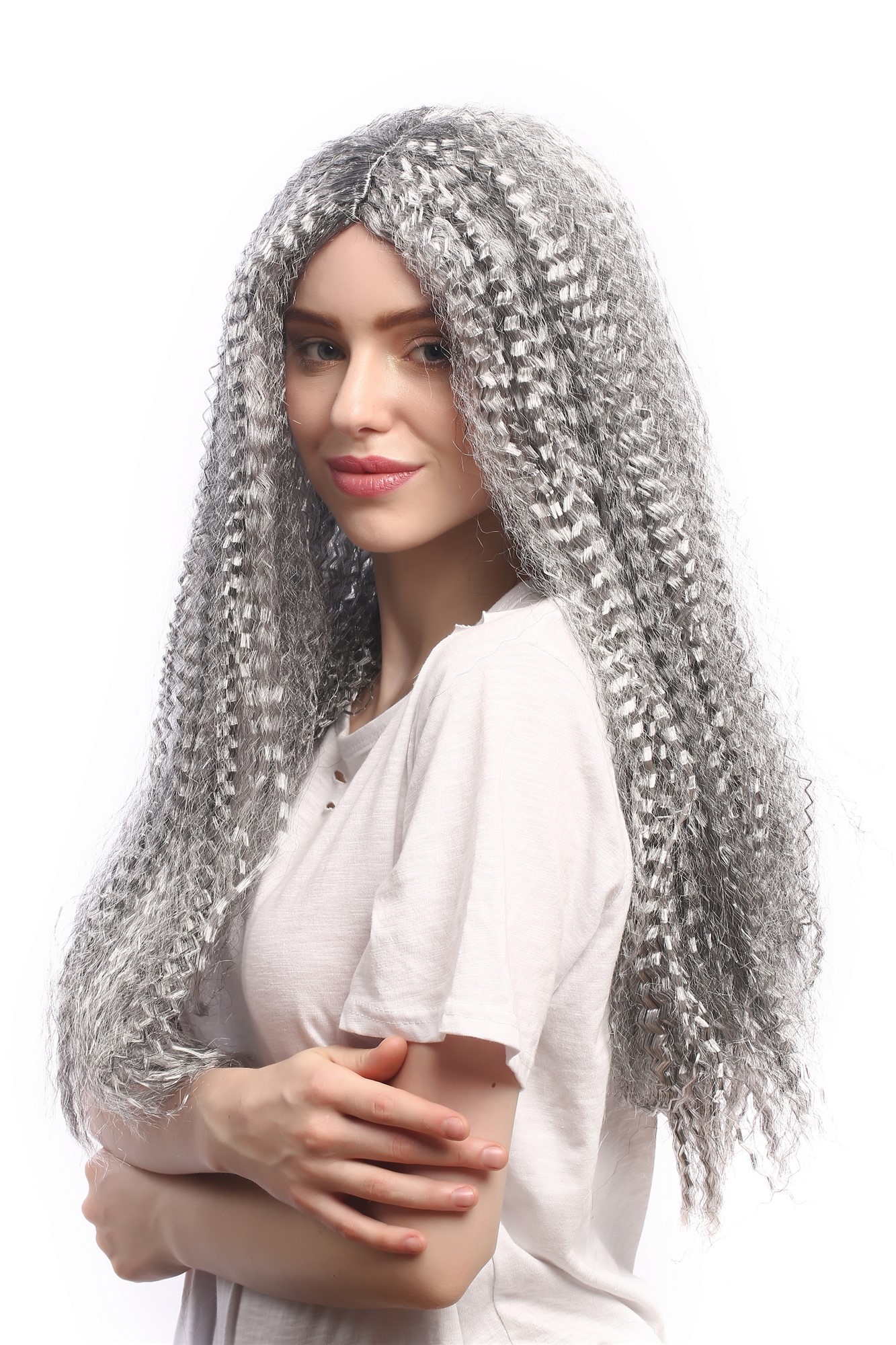 Lady Party Wig Halloween long kinked grey hair straight middle parting Vampire Witch Old Hippy 23", view 2, WIG ME UP: Your Perücken Online Shop Party Wig, Ladies, Grey, curled, long